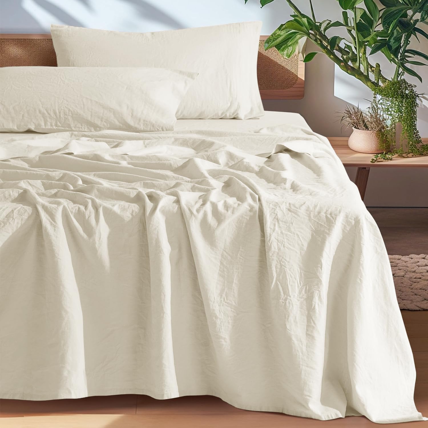 SONORO KATE 100% French Pure Linen Sheets, Breathable and Durable Linen King Size Sheets, Anti-Tear Linen Bed Sheets, Machine Washable, 16 Inch Deep Pocket - 4 Piece (Cream, King)
