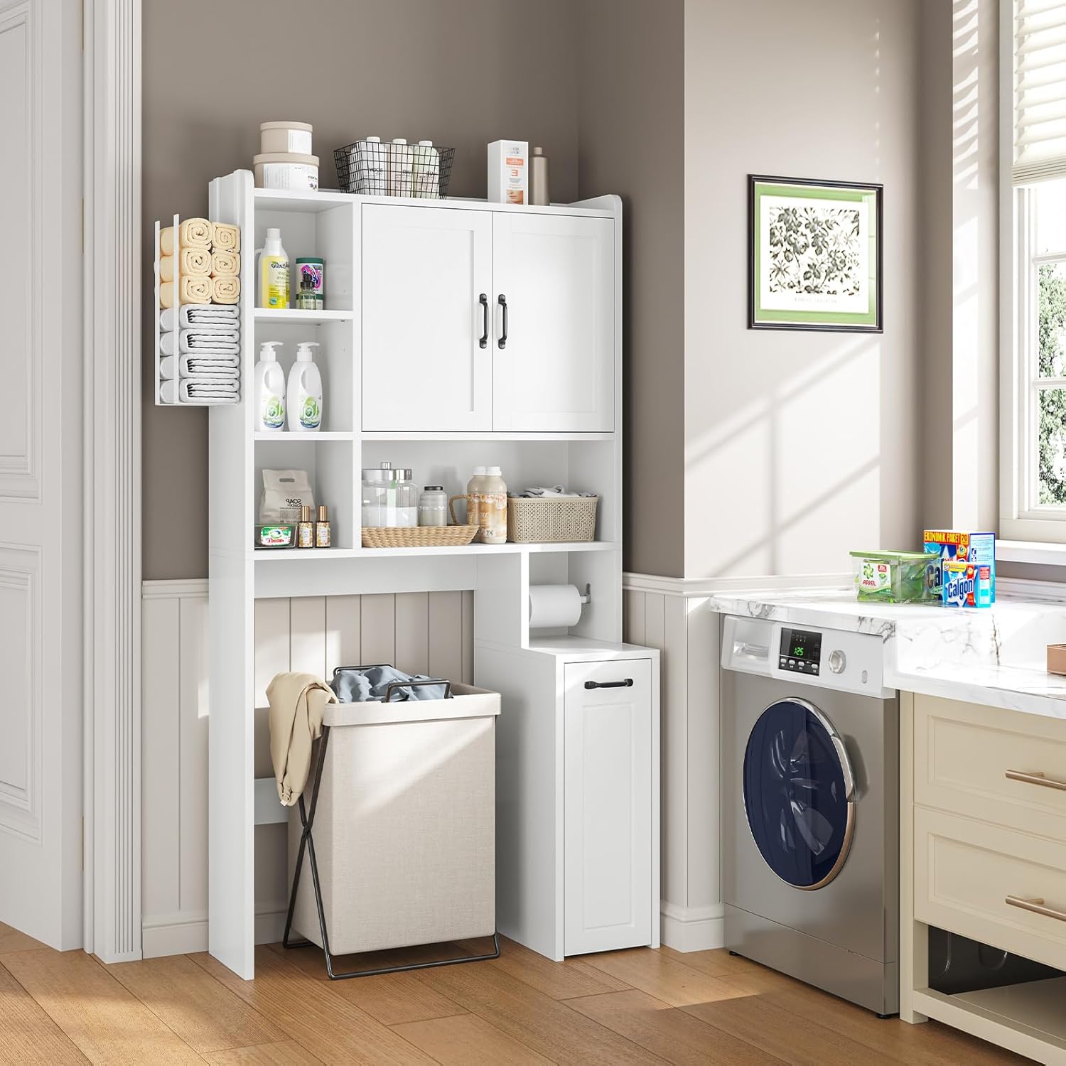 UPOSOJA Over The Toilet Storage Cabinet with Pulley Small Bathroom Storage, Space Saver W/Adjustable Shelf & Rack for Bathroom, Restroom, Laundry (White-Type B)