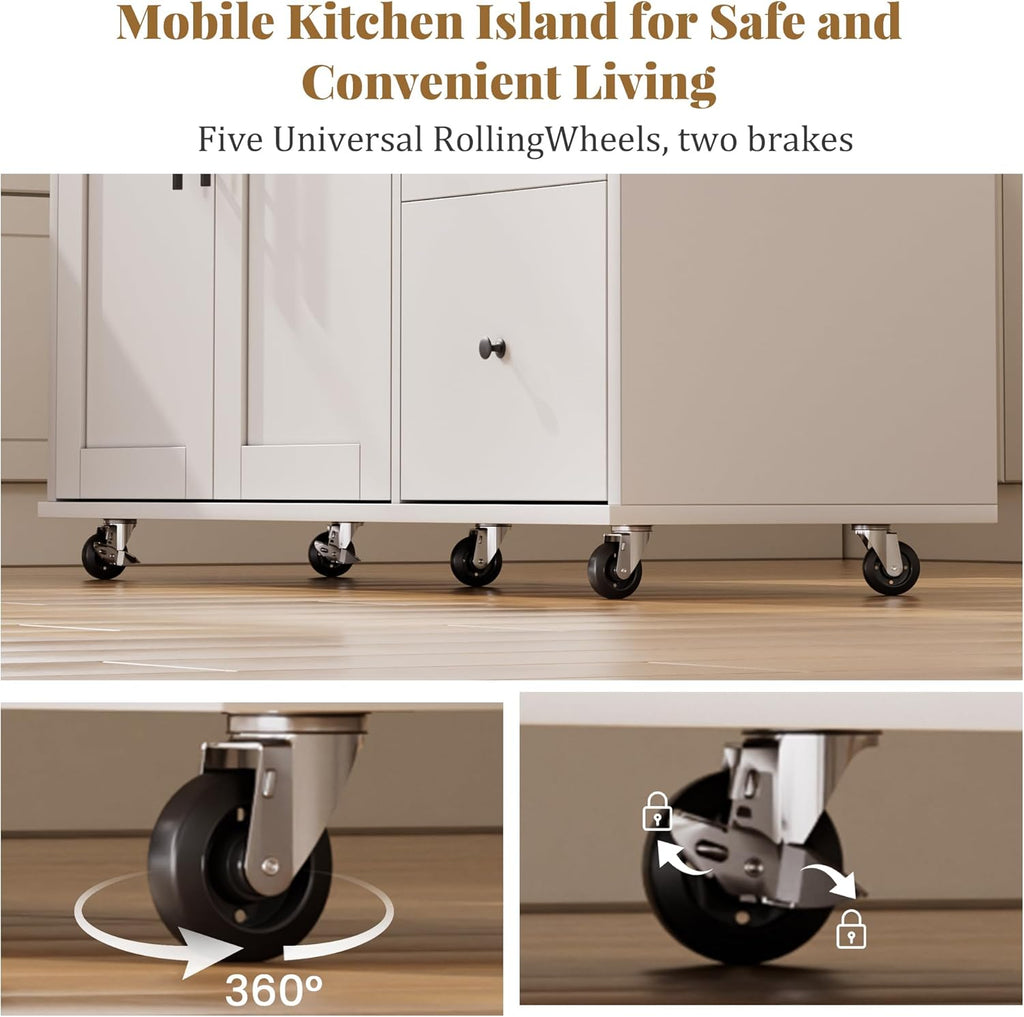 GRUSIGN Kitchen Island on Wheels with Storage-Multifunctional Kitchen Island Cart with Drop Leaf, Rolling Island with Spice/Towel Rack,Expandable Island Table Kitchen,39.37" Width,White