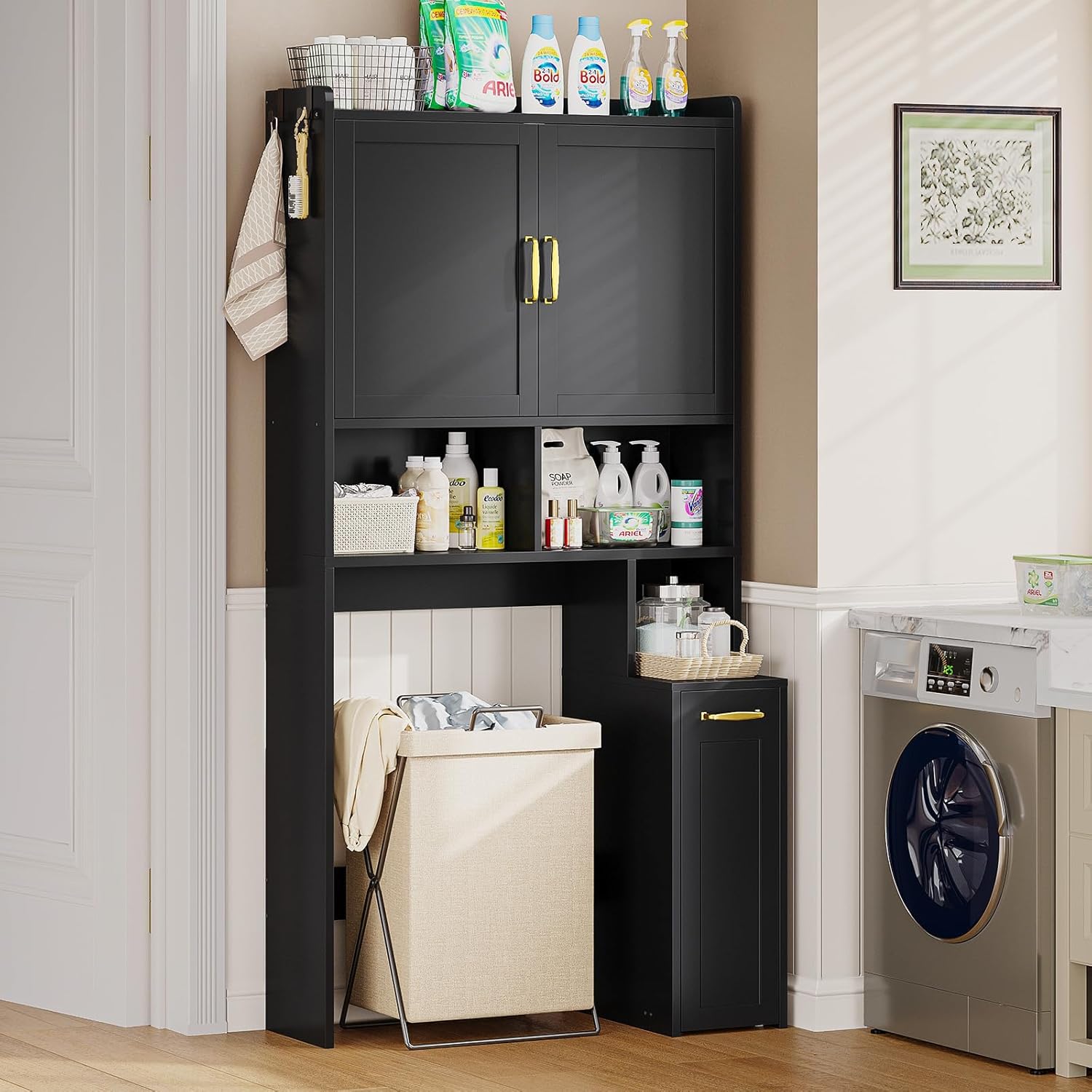 UPOSOJA Over The Toilet Storage Cabinet with Pulley Small Bathroom Storage Cabinet, Space Saver W/Adjustable Shelf & Open Shelf for Bathroom, Restroom, Laundry (Black)