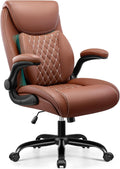 Office Chair, Ergonomic Desk Chair with Lumbar Support for Lower Back Pain Relief, Executive Leather Chair with Padded Flip-up Armrests and Wheels, Brown