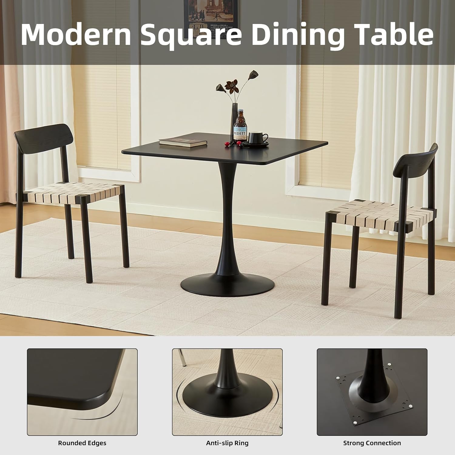 Square Dining Table, 31.5" Tulip Table with Thickened Tabletop & Metal Pedestal, Mid Century Modern Bistro Table for Kitchen, Small Places, Living Room, Cafe (Black)