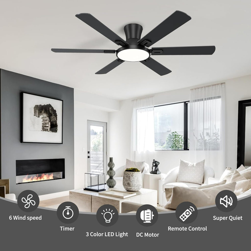 52 Inch Black Ceiling Fan with Lights and Remote, Flush Mount Low Profile 6 Blades with 10 Inch Lighting Fixture, Quiet Reversible DC Motor for Living Room, Bedroom and Patio