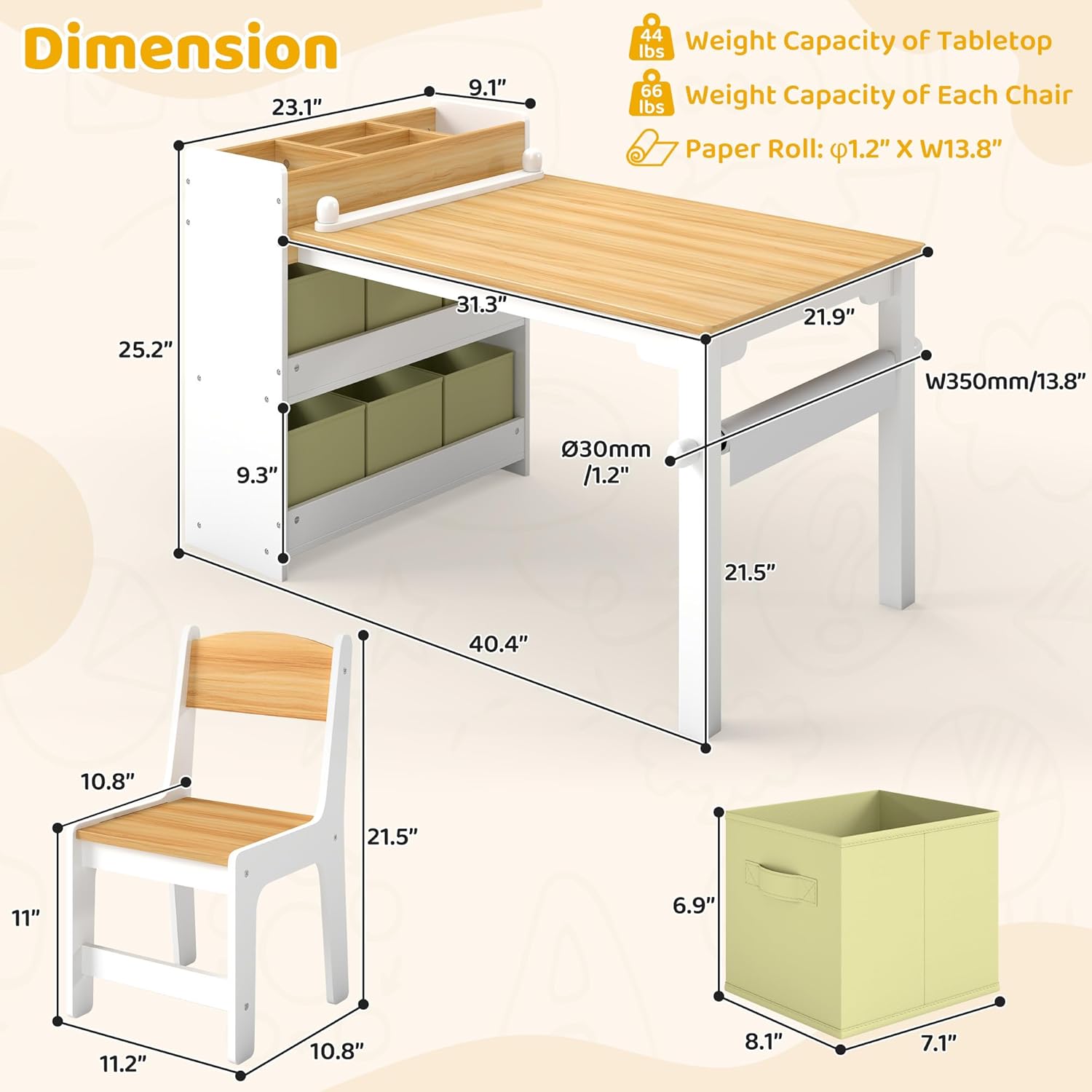 DOREROOM Kids Art Table and Chair Set, Craft and Play Wood Activity Table with Storage Bins and Paper Roll, Toddler Desk for Playroom/Nursery/Home, Kids Table and Chairs Set for Drawing/Learning/Read
