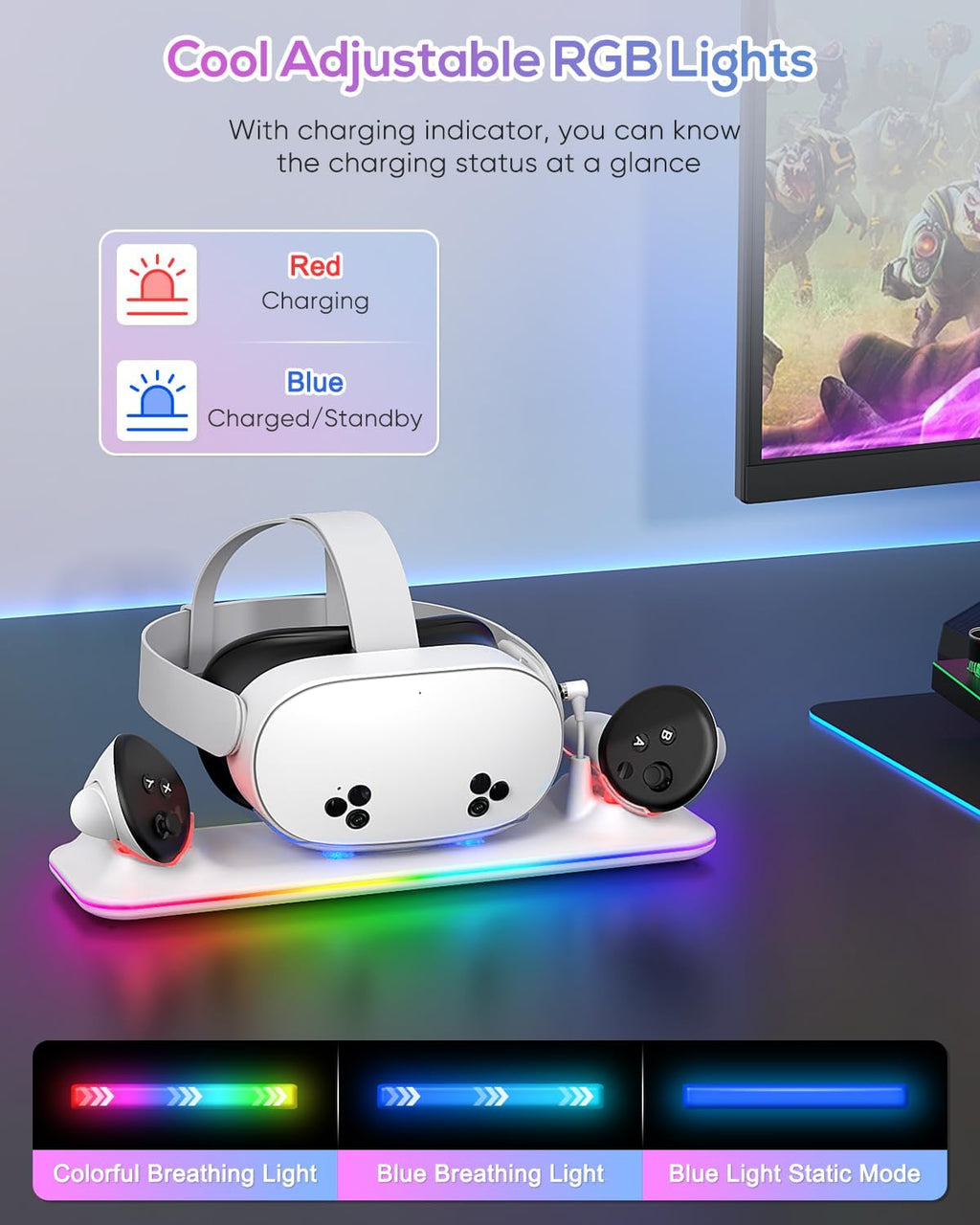 Charging Dock for Meta Quest 3S/3, Kinwin Magnetic Charging Station for Oculus Quest 3S/3 Accessories with RGB Light, Charging Stand for VR Headset & Controller with 2 Rechargeable Batteries (White)
