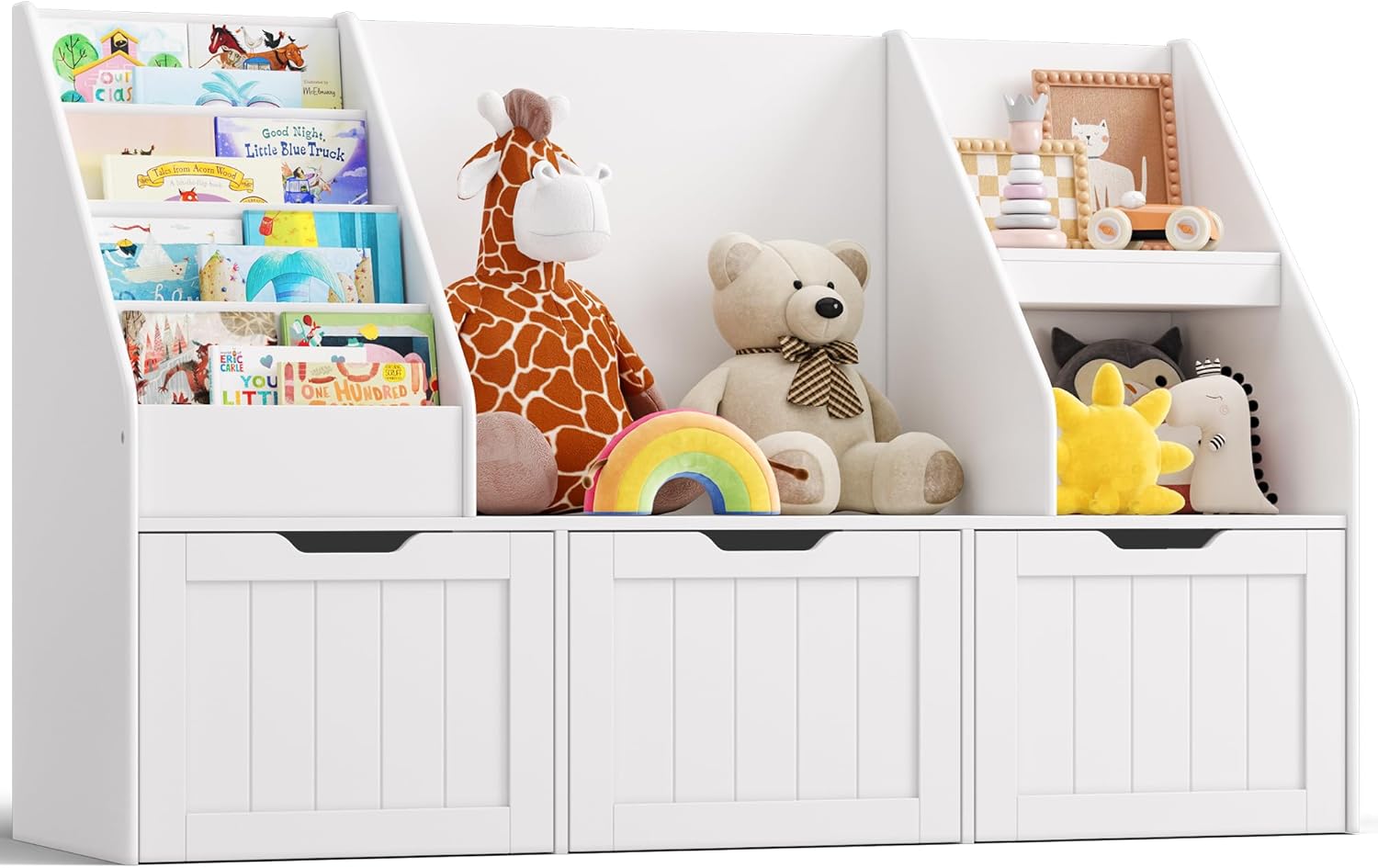 Gizoon Kids Bookshelf with Reading Nook, Kids Toy Storage Organizer with 3 Movable Drawers, Kids Reading Nook with Bench for Kidsroom Playroom and Bedroom, White