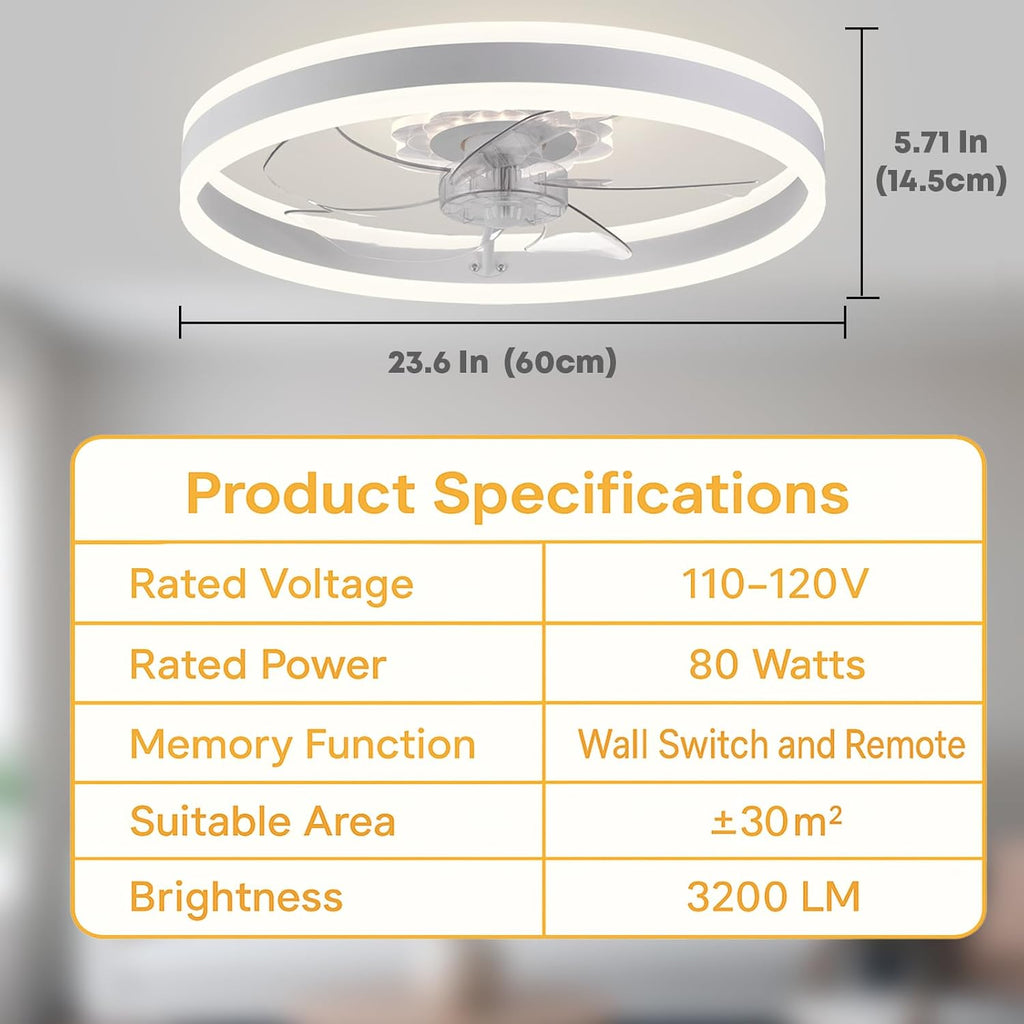 Fszdorj 23.6'' Ceiling Fan with Light, Upgraded Low Profile Fan, Flush Mount Ceiling Fan, 6 Speeds, Dimmable LED, App & Remote Control, Quiet DC Motor, for Bedroom, Living Room, F105 White