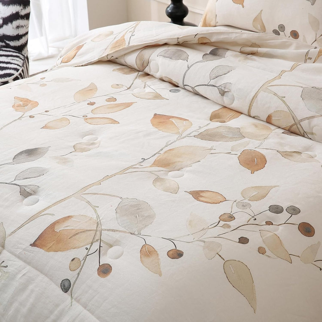 Merryword Linen Leaves Comforter Set Queen Size 3 Pieces Natural French Flax Linen Bedding Soft Breathable Moisture Wicking Comfy