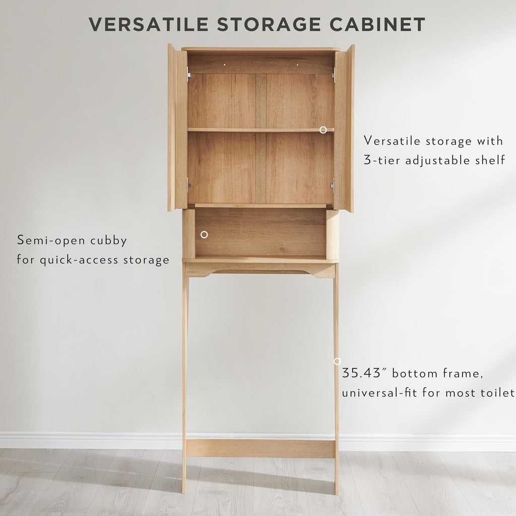 JXQTLINGMU Modern Over The Toilet Storage Cabinet, 67 Inch Tall Wooden Bathroom Cabinet with Adjustable Shelf & Handle-Less Double Doors, Natural Oak