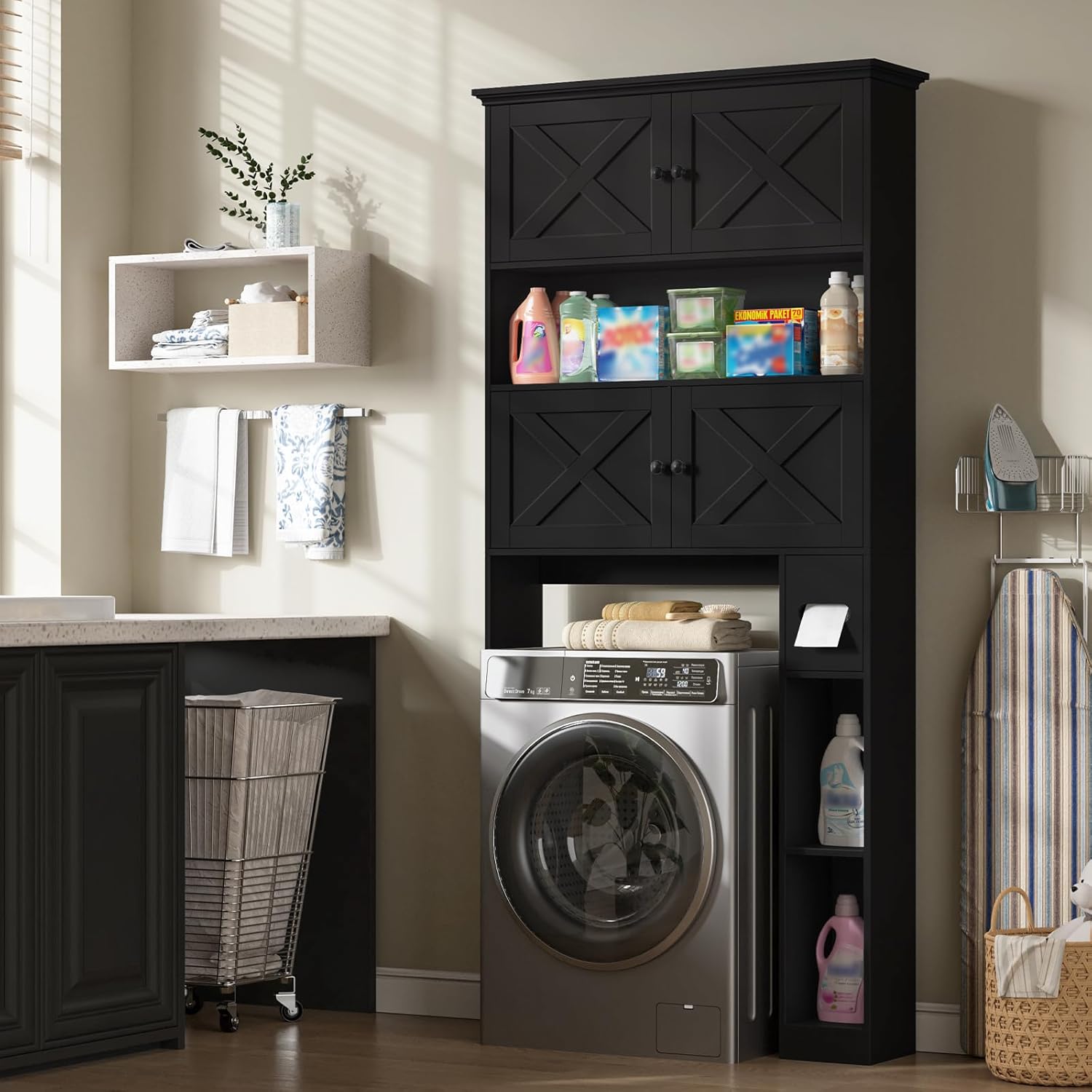 Halitaa Over The Toilet Storage Cabinet, Farmhouse Storage Cabinet Over Toilet with 4 Barn Doors & Toilet Paper Holder Stand, Black Toilet Shelf Home Space Saver for Restroom, Bathroom, Laundry