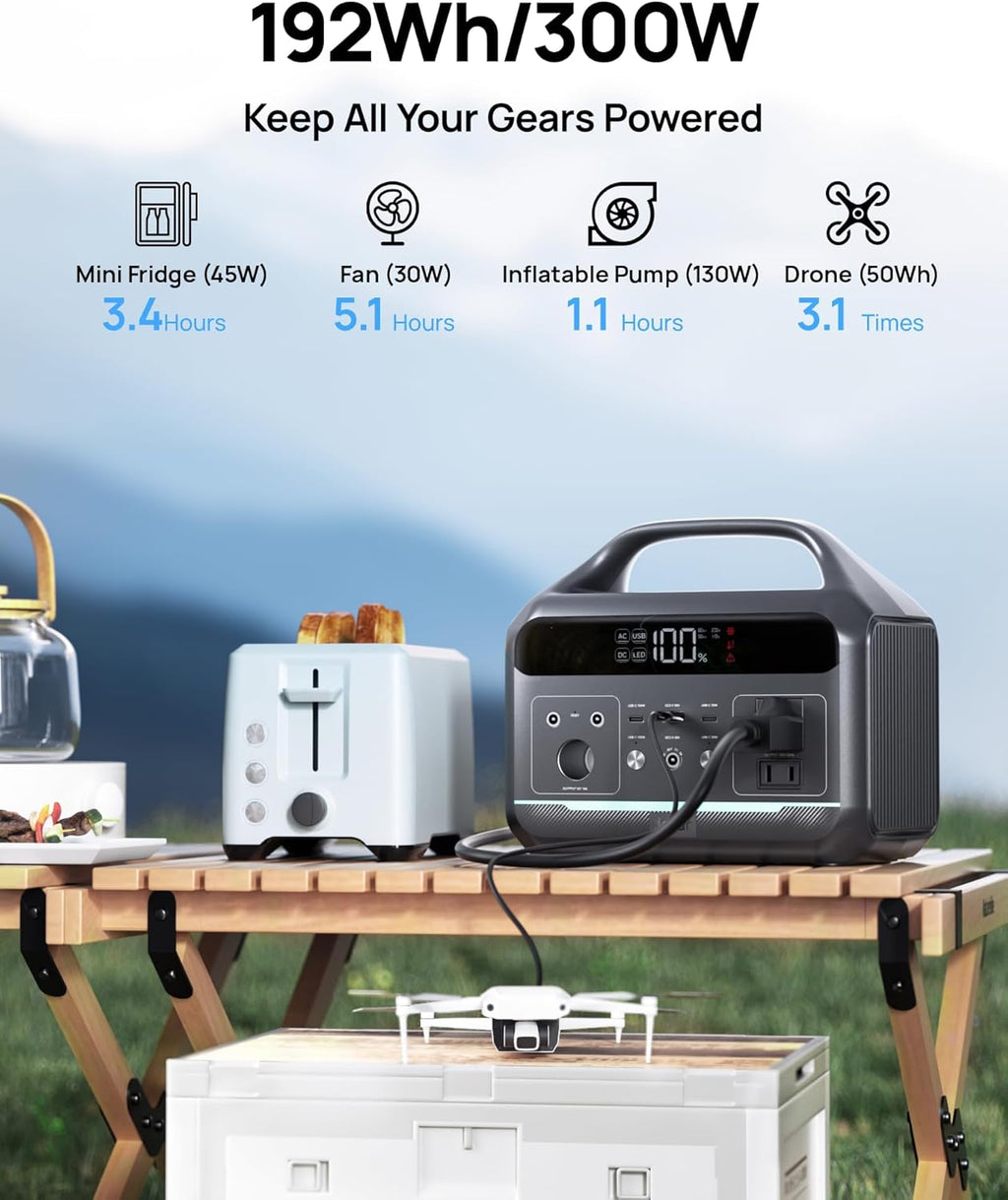Portable Power Station 300W, 192Wh Large Power Bank with 110V AC Outlet, LiFePO4 Battery Backup,8-Ports Solar Generator Fast Charging for Camping, Hurricane Emergency, Outdoor,Home