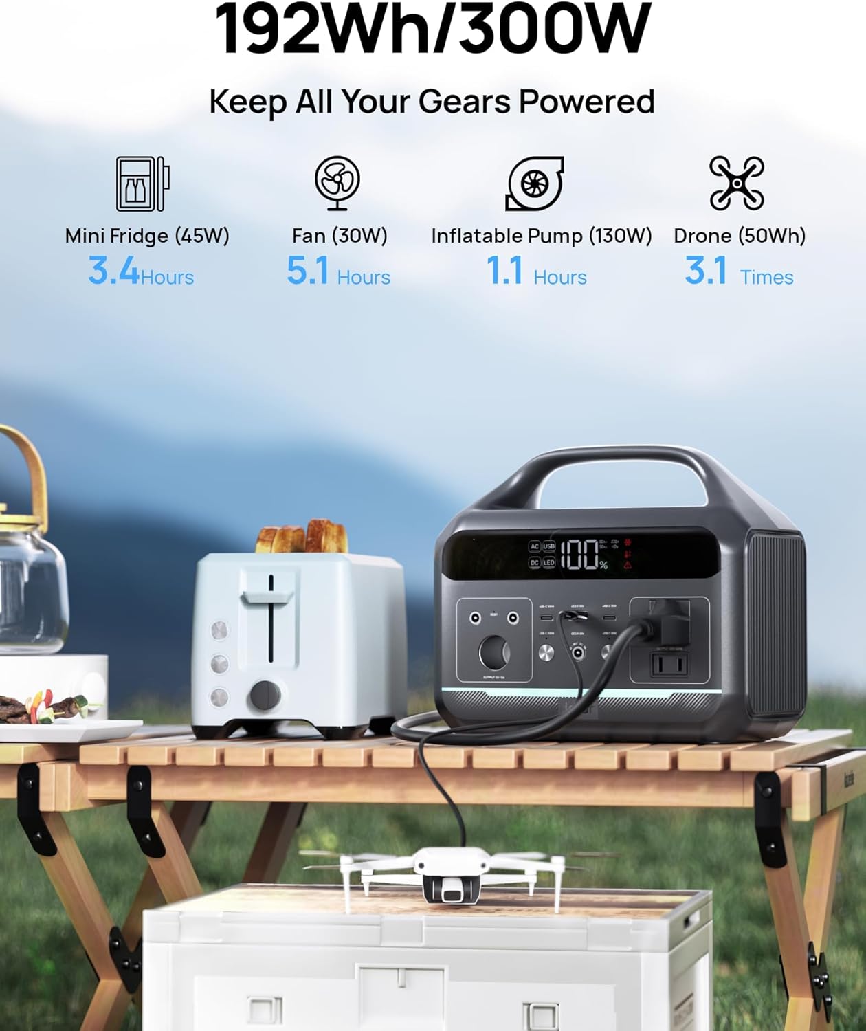 Portable Power Station 300W, 192Wh Large Power Bank with 110V AC Outlet, LiFePO4 Battery Backup,8-Ports Solar Generator Fast Charging for Camping, Hurricane Emergency, Outdoor,Home