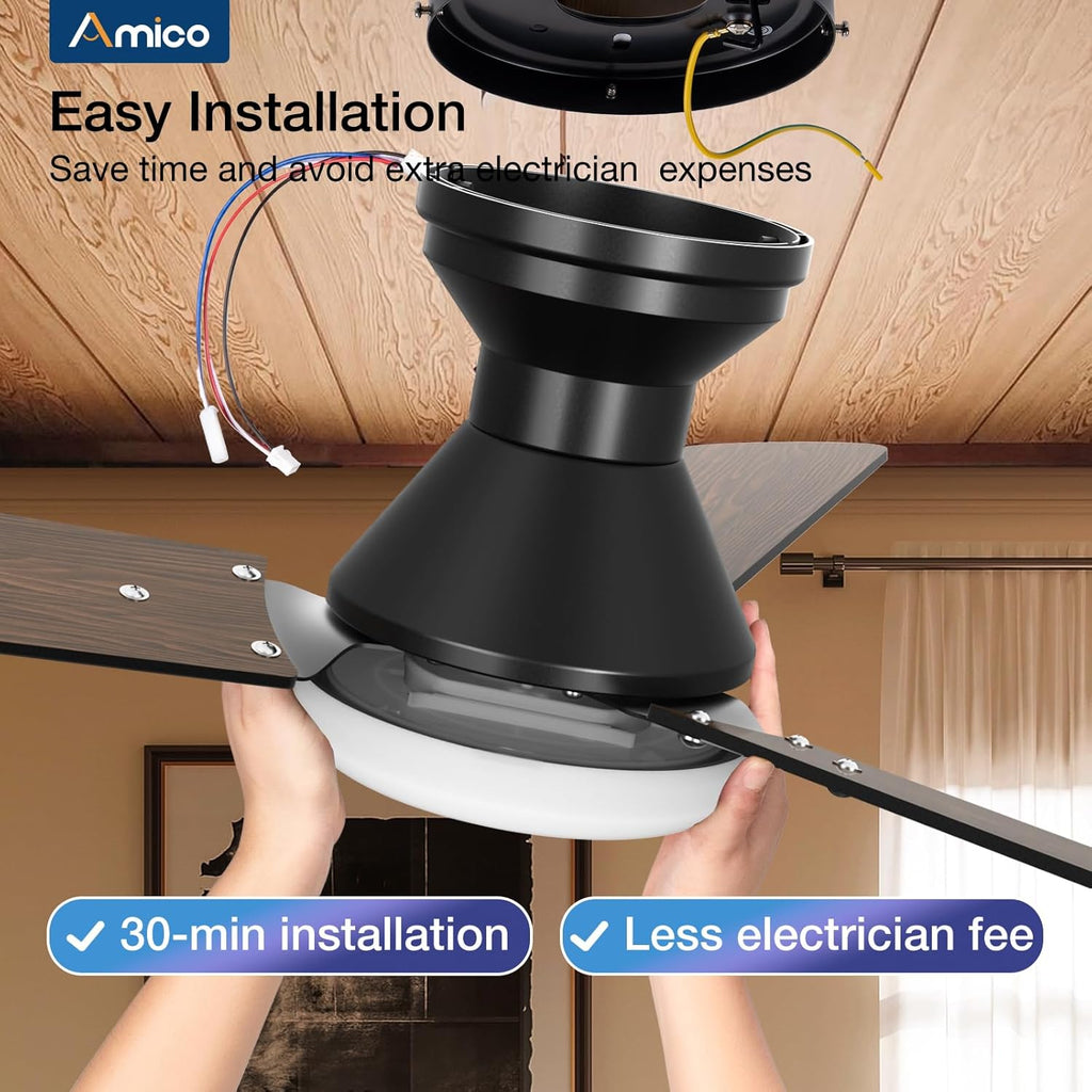 Amico 2 Pack Ceiling Fans with Lights, 42 inch Low Profile Ceiling fan with Light and Remote Control, Flush Mount, Reversible, 3CCT, Dimmable, Noiseless, Black Ceiling Fan for Bedroom, Indoor/Outdoor