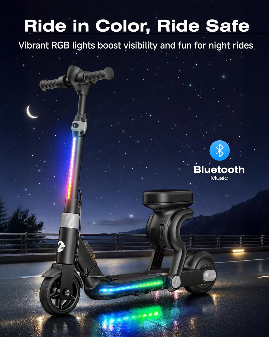 ECOROAD 2-in-1 Kids Electric Scooter EK8,200W Motor & 9 Miles Range,Up to 10 MPH,Dual Brake System,Bluetooth Music & Foldable & Adjustable Height, for Kids Ages 6-12(Black)