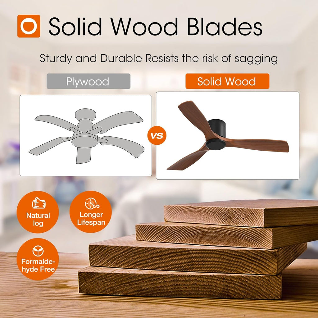 addlon 52 inch Ceiling Fans No Lights, Low Profile Ceiling Fan with Remote Control, Flush Mount, Reversible, 3 Wood Blades, 6 Speeds, Noiseless, Black Walnut Ceiling Fan for Indoor/Outdoor Use