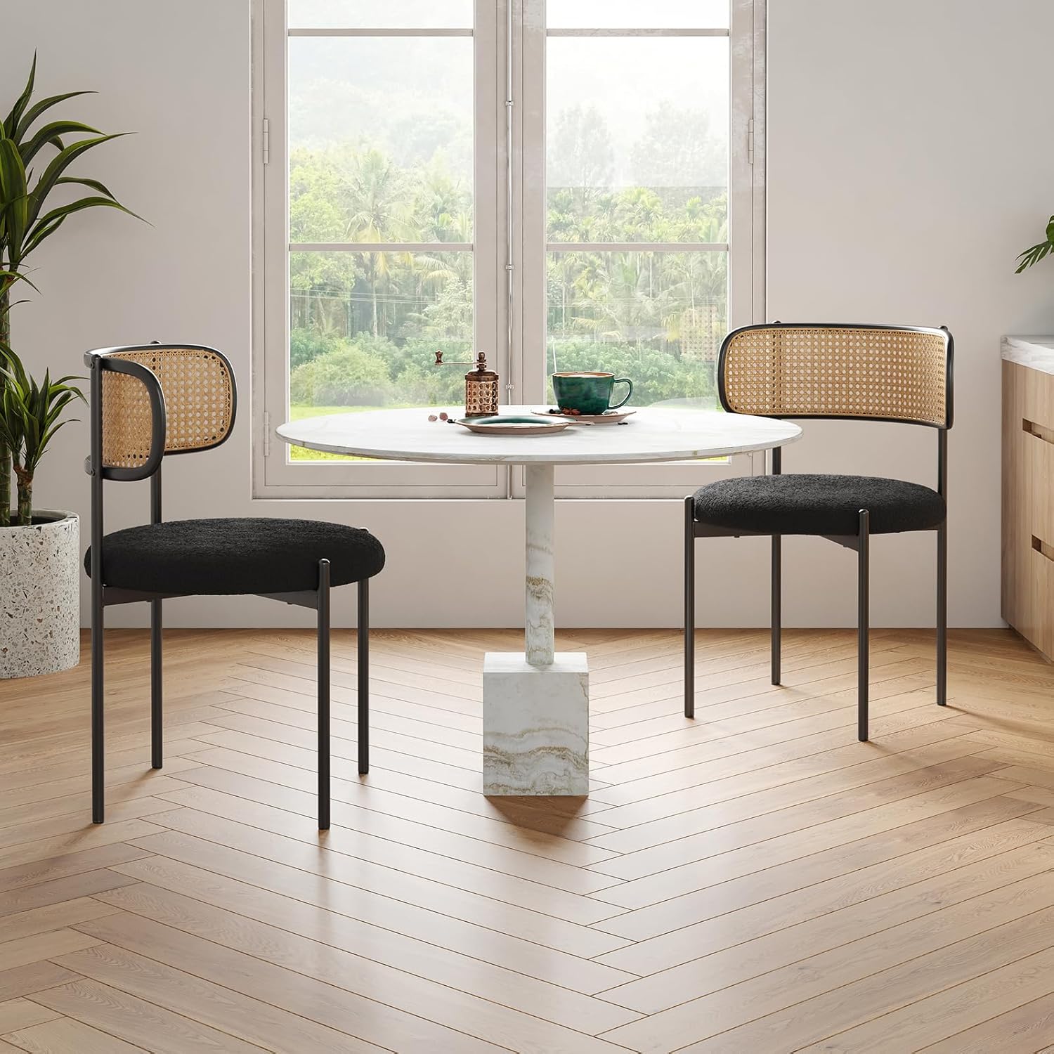 Farini Modern Upholstered Dining Chairs Set of 4,Rattan Back Dining Room Chairs,Accent Kitchen Chairs with Metal Legs,Black