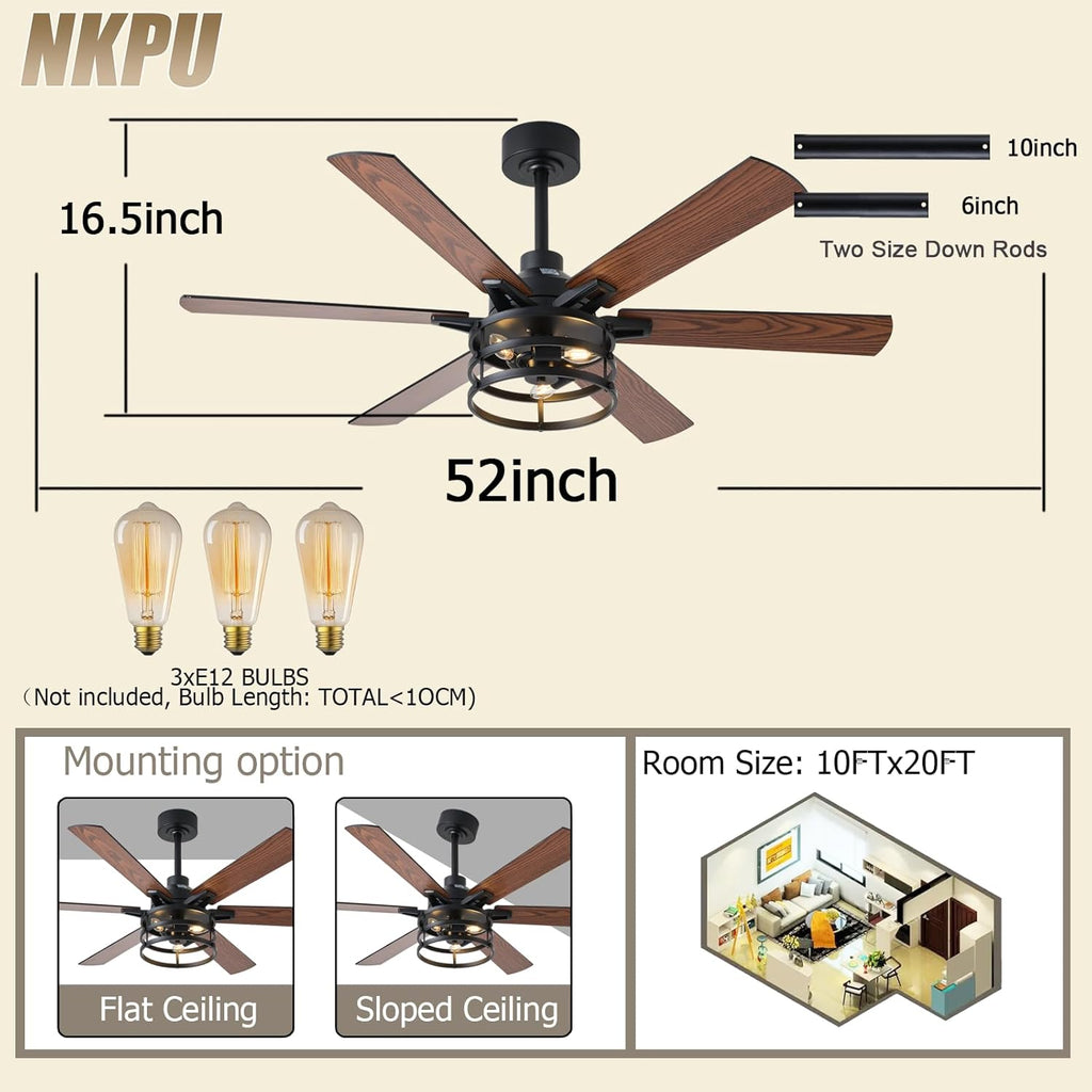NKPU 52 Inch Farmhouse Ceiling Fan with Light and Remote, Brown Industrial Caged Rustic Ceiling Fan with 6 Speed Reversible Motor and Dual Finish 6 Blades, Rustic Ceiling Fan for Living
