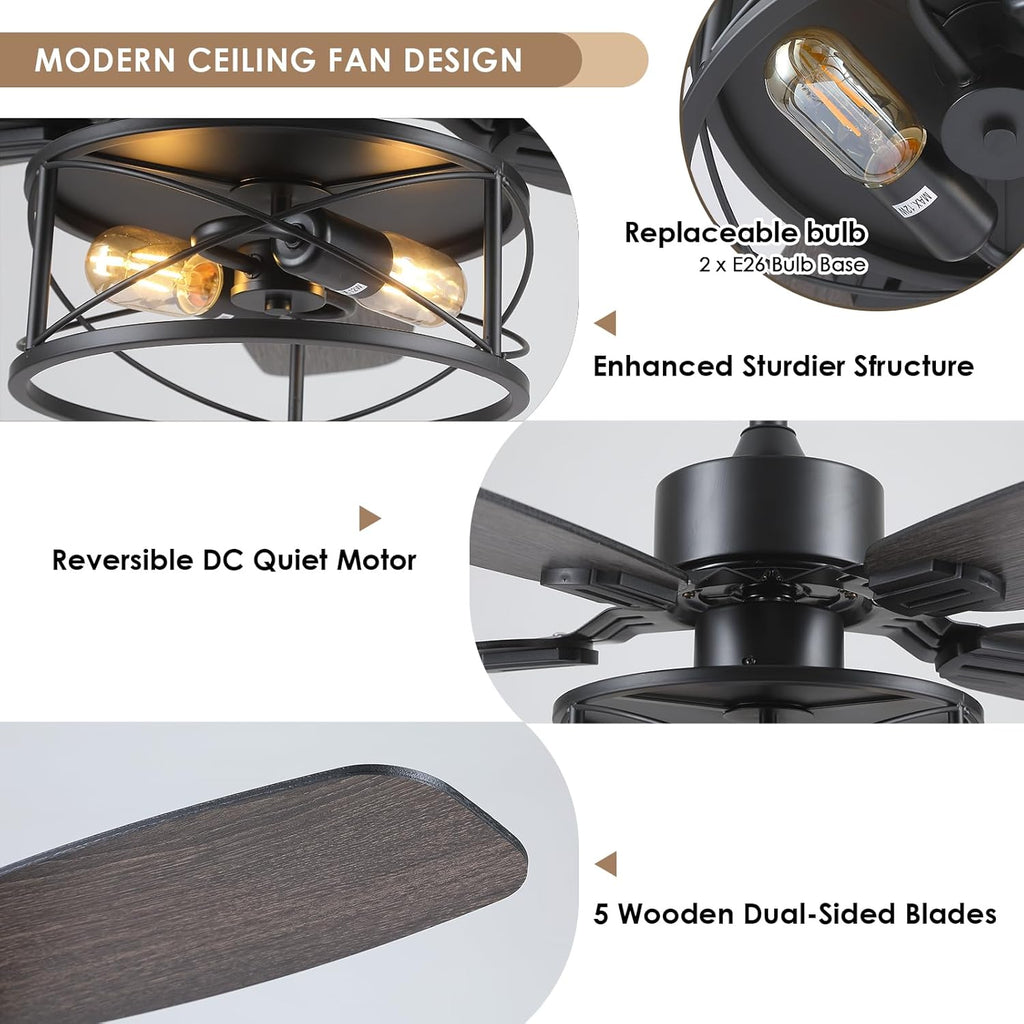 Hounberi 52" Caged Ceiling Fan with Lights and Remote, Downrod Rustic Ceiling Fans, 6-Speed Reversible, 5 Dual-Finish Blades, E26*2 Blub Base + Black Metal Lampshade for Bedroom Living Room