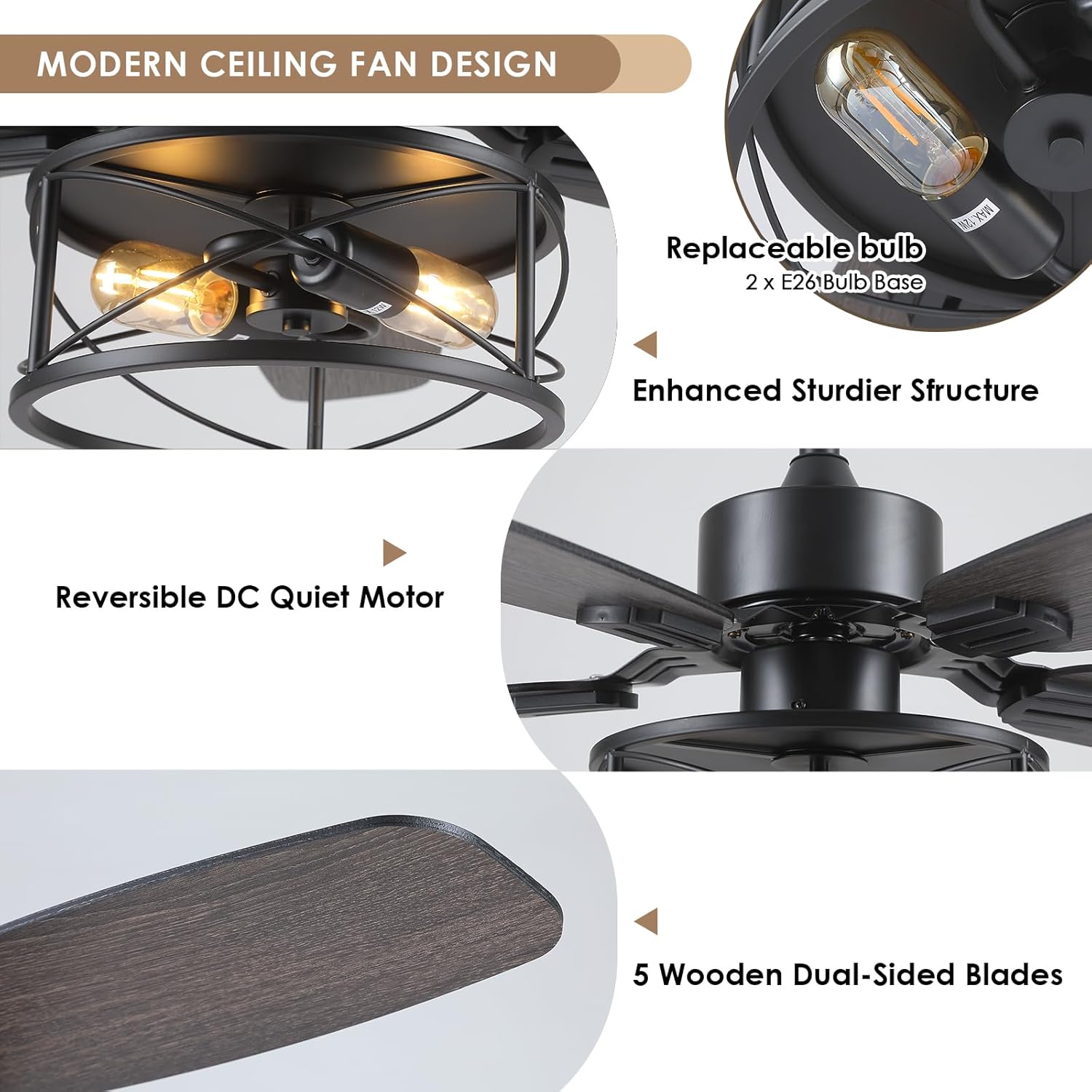 Hounberi 52" Caged Ceiling Fan with Lights and Remote, Downrod Rustic Ceiling Fans, 6-Speed Reversible, 5 Dual-Finish Blades, E26*2 Blub Base + Black Metal Lampshade for Bedroom Living Room