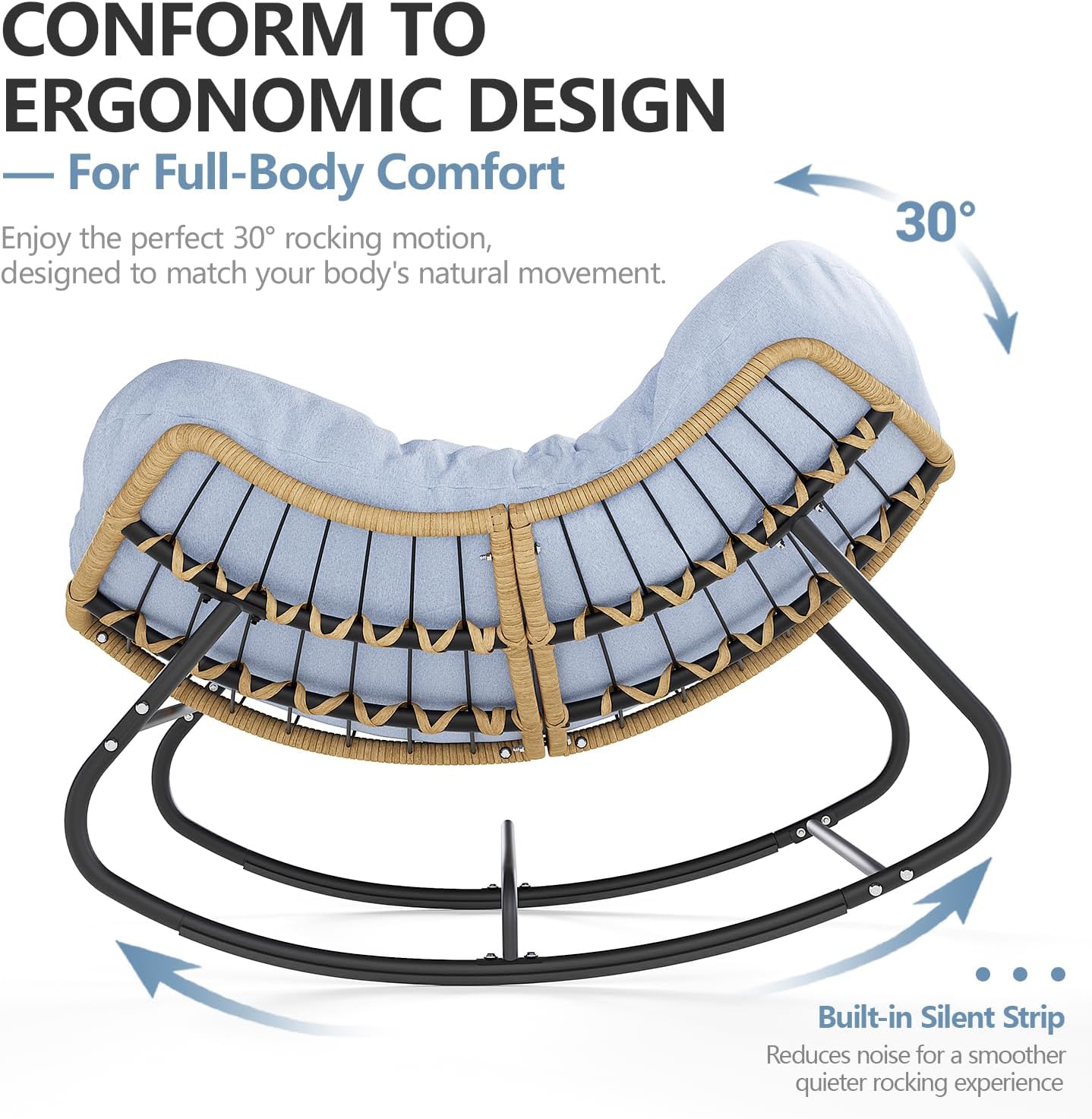SWITTE Outdoor Rocking Chair, Oversized Patio Papasan Rocker, Comfy Wicker Reading Lounge, Indoor Bed-Like Egg Chair for Bedroom,Balcony, Porch, Garden, Light Blue