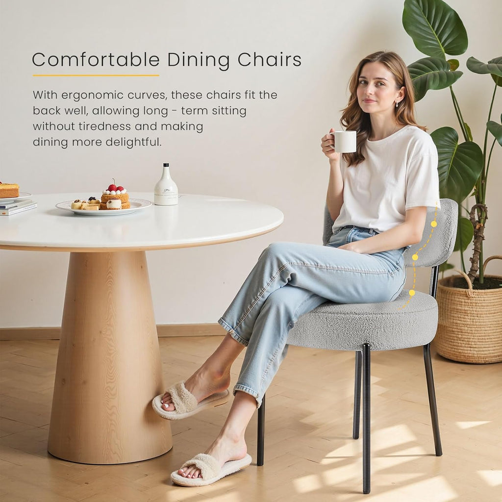 DUMOS Dining Chairs Set of 4, Mid Century Modern Chair Round Upholstered Curved Backrest, Kitchen Vanity Living Room Chairs with Black Metal Legs，Classic Grey