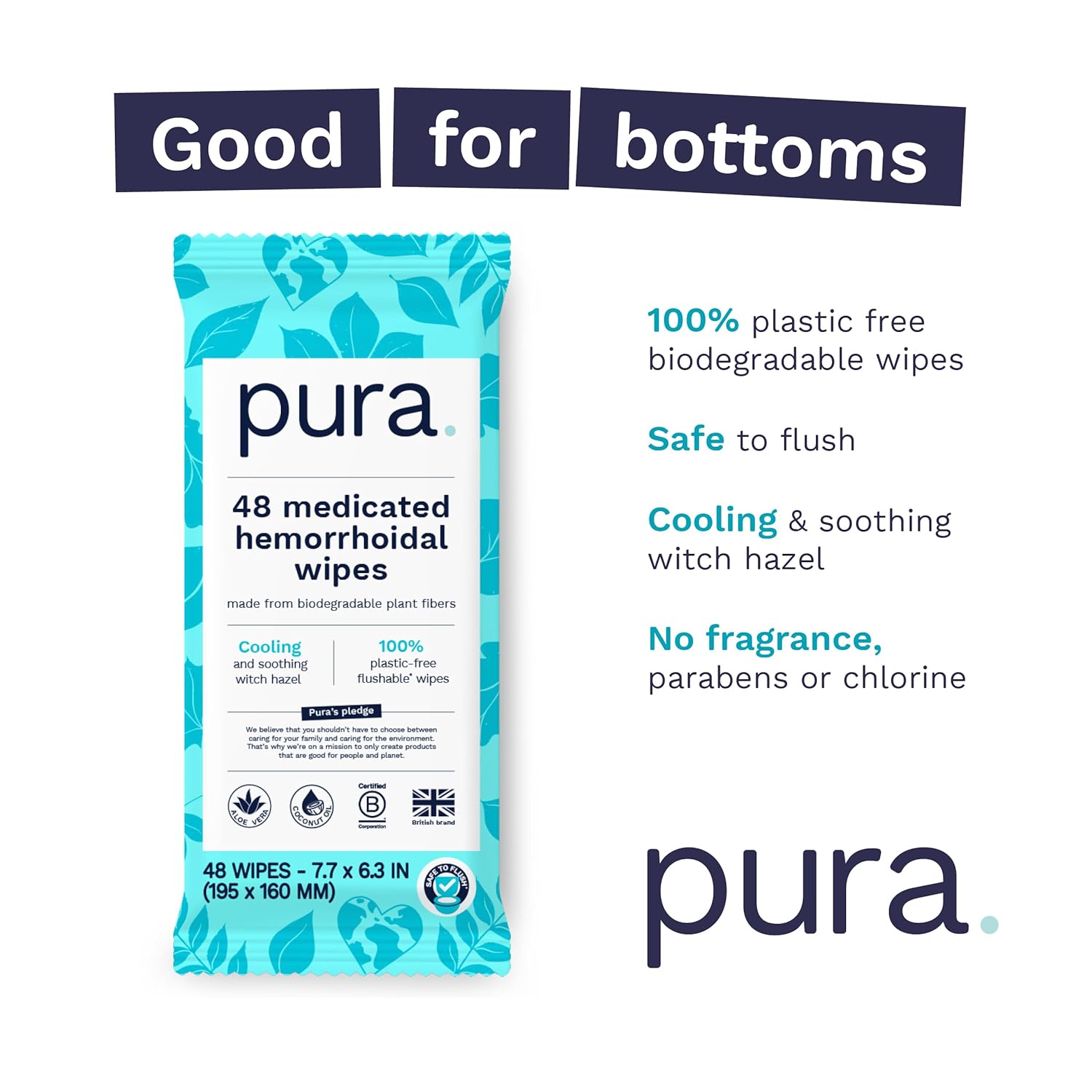 Pura XL Flushable Medicated Wipes for Hemorrhoid Relief, Extra-Large, Fragrance-Free Wet Wipes with Witch Hazel, Coconut Oil & Aloe, Skin Soothing, 96 Wipes (2 Packs)