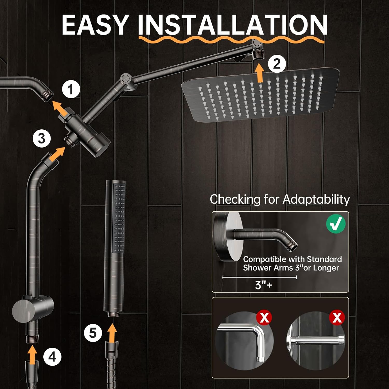 Veken All Metal 10" Oil Rubbed Bronze Shower Head with Handheld, Luxurious Square Double Rain Shower Heads with Power-wash Hand Held, Dual High Pressure Detachable Rainfall Showerhead,Bathroom Upgrade