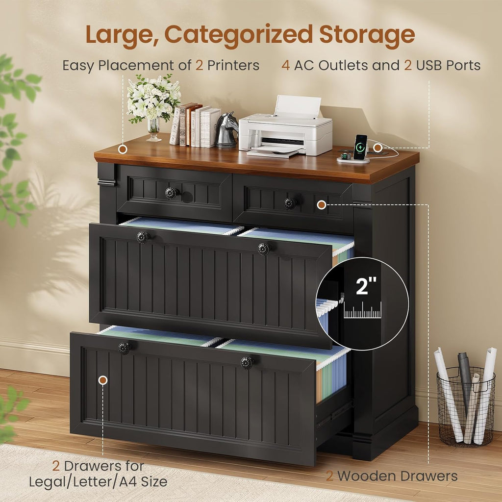 SEDETA 4 Drawers File Cabinet, 33" Farmhouse Filing Cabinets for Home Office fit Legal/Letter/A4 File, Wood Office File Cabinet with Power Outlets, Printer Stand with Storage, Black+Brown