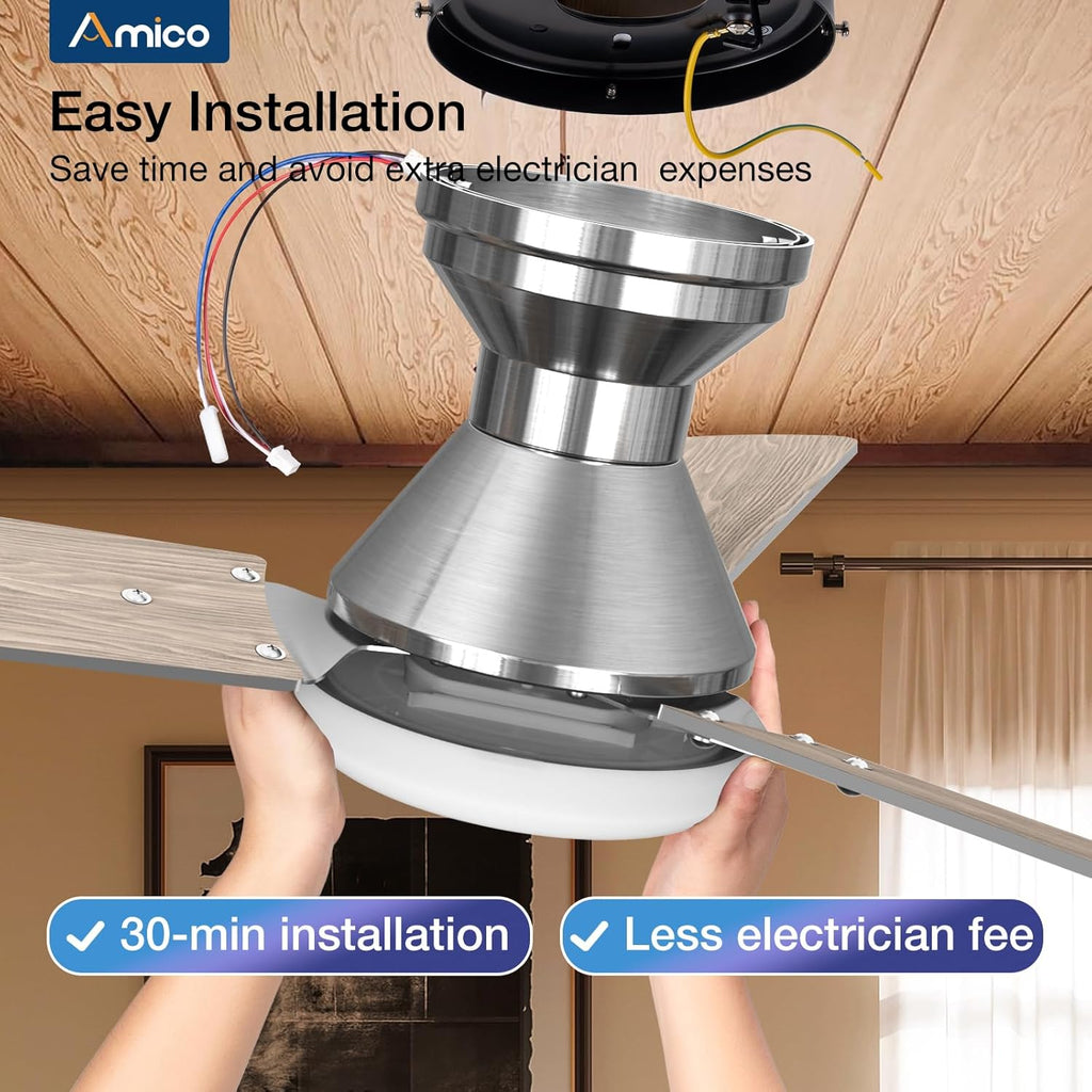Amico 2 Pack Ceiling Fans with Lights, 42 inch Low Profile Ceiling fan with Light and Remote Control, Flush Mount, Reversible, 3CCT, Dimmable, Noiseless, Nickel Ceiling Fan for Bedroom, Indoor/Outdoor