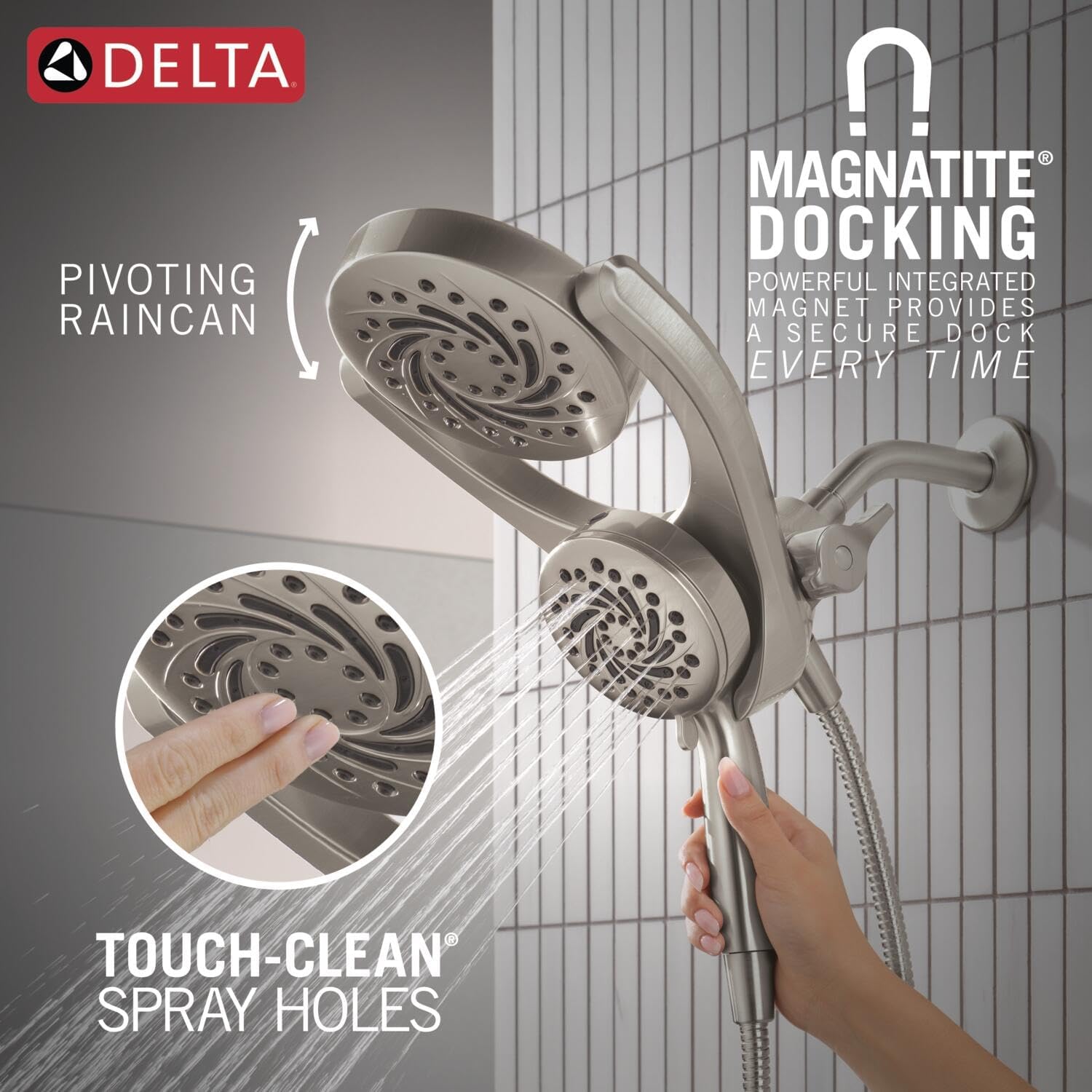 Delta 5-Setting HydroRain 2-in-1 Dual Shower Head with ProClean Spray, Brushed Nickel High Pressure Shower Head with Handheld Spray, 1.75 GPM Flow Rate, Satin Nickel 75419SN