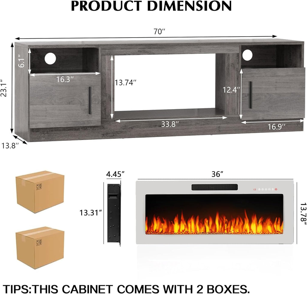 Lemberi Fireplace tv Stand with 36 inch White Fireplace Up to 80" TVs,LED Light Entertainment Center and Storage, 70" Modern Wood Media TV Console with Highlight Cabinet for Living Room (Gray)
