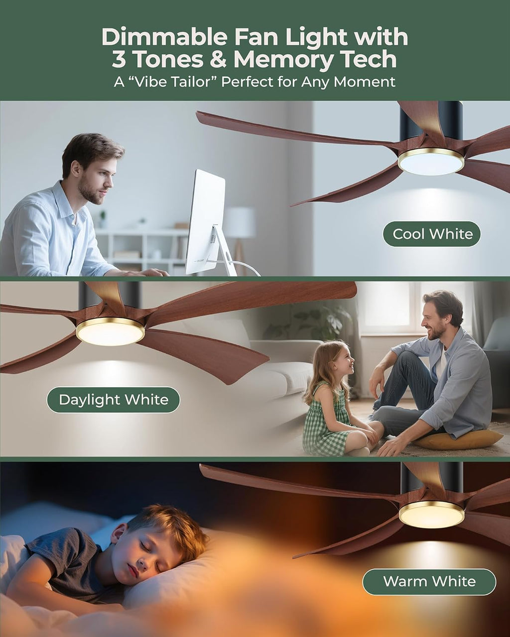 BLNAN 52" Premium Walnut Solid Wood Ceiling Fan with Light - Whisper-Quiet DC Motor, 6 Speeds, 3000K-6000K Dimmable LED, Remote Control with Timer, 2 Downrods for Indoor/Outdoor, A++ Energy Saving
