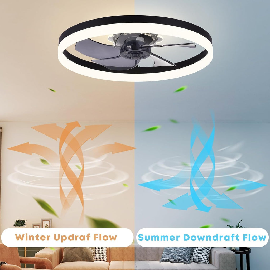 Fszdorj 23.6'' Ceiling Fan with Light, Upgraded Low Profile Fan, Flush Mount Ceiling Fan, 6 Speeds, Dimmable LED, App & Remote Control, Quiet DC Motor, for Bedroom, Living Room, F115 Black