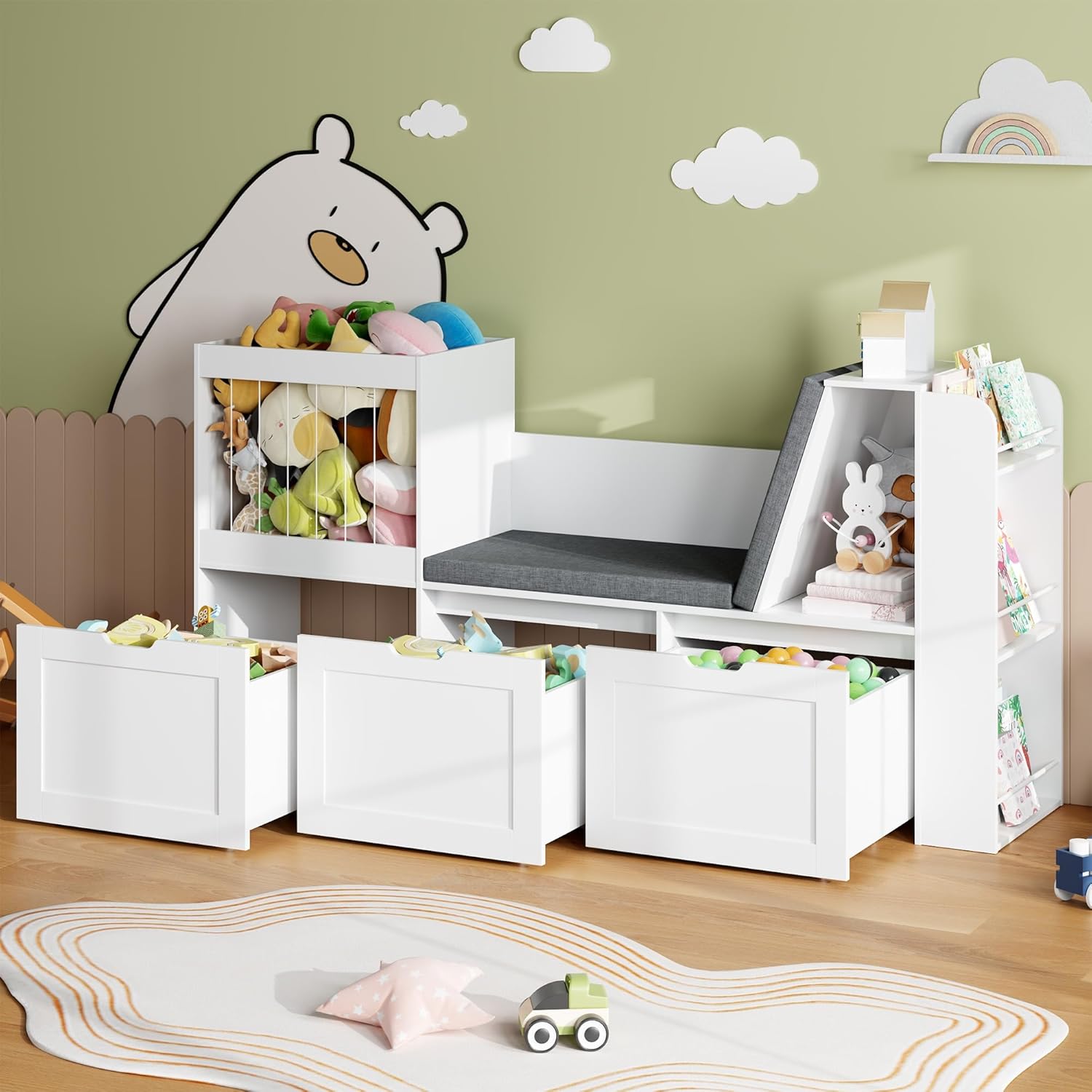 66.9" Kids Reading Nook, Toy Storage Organizer with Stuffed Animal Storage, Bench and Removable Cushions, Wooden Toddler Bookshelf with 3 Movable Drawers for Nursery, Playroom (White)