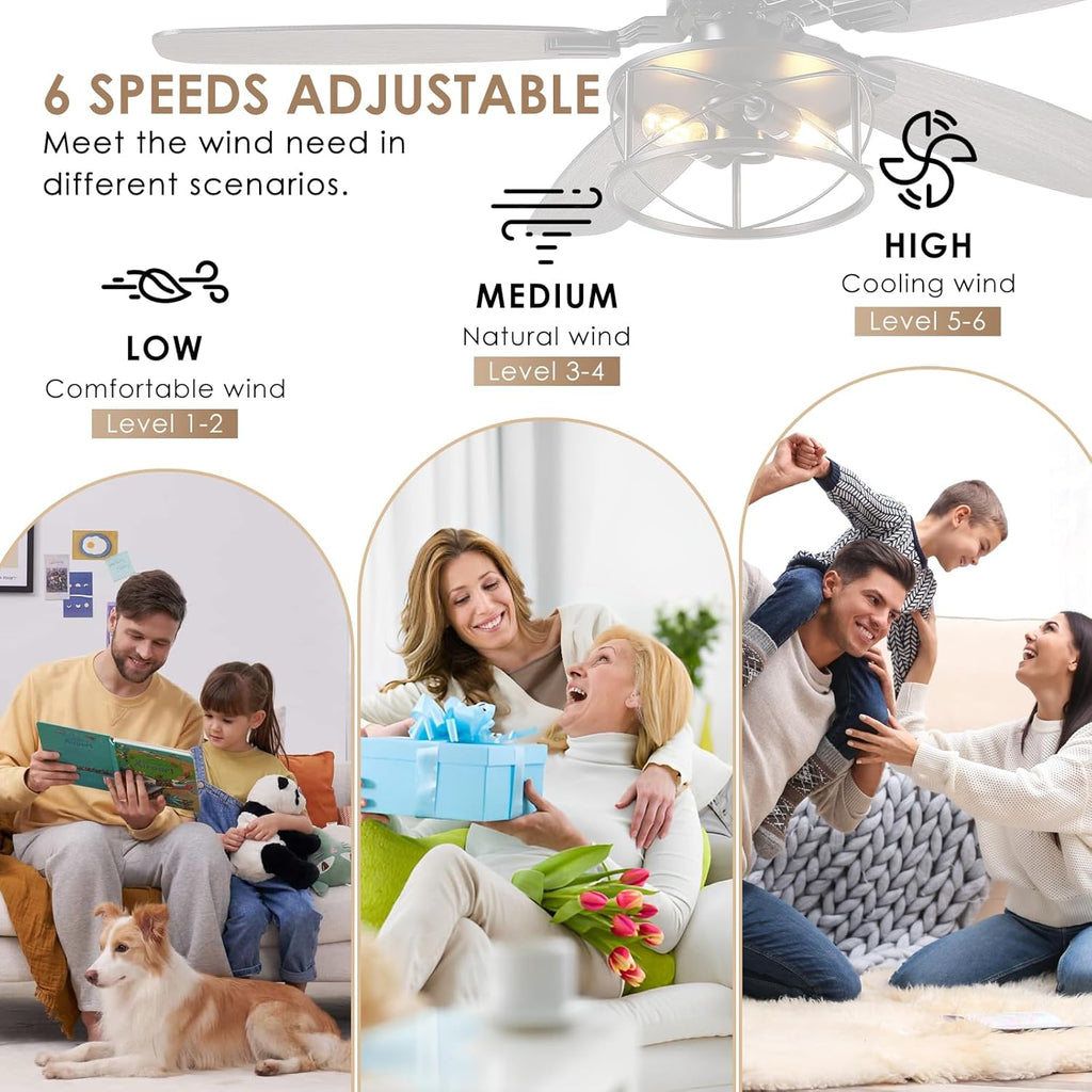 Hounberi 52" Caged Ceiling Fan with Lights and Remote, Downrod Rustic Ceiling Fans, 6-Speed Reversible, 5 Dual-Finish Blades, E26*2 Blub Base + Black Metal Lampshade for Bedroom Living Room