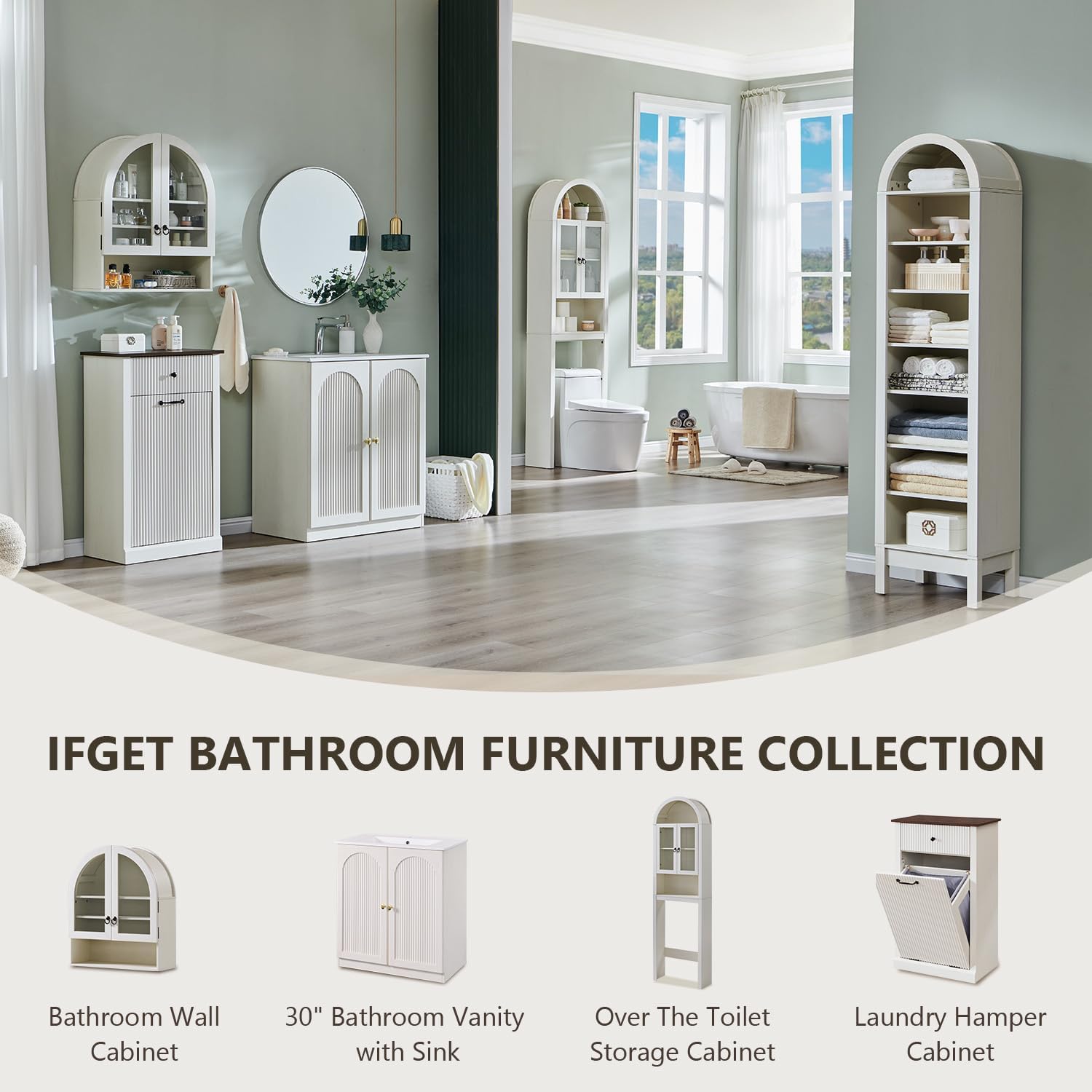 IFGET Arched Over The Toilet Storage Cabinet with Acrylic Doors, Modern Over Toilet Bathroom Organizer Shelf, Small Wooden Bathroom Storage Cabinet with Adjustable Shelf, Space Saver, Antique White