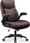 BESTFAIR Office Chair, Executive Computer Desk Chair with Lumbar Support for Lower Back Pain Relief, Ergonomic Leather Home Chair Comfy with Padded Flip-up Arms and Adjustable Armrests, Coffee