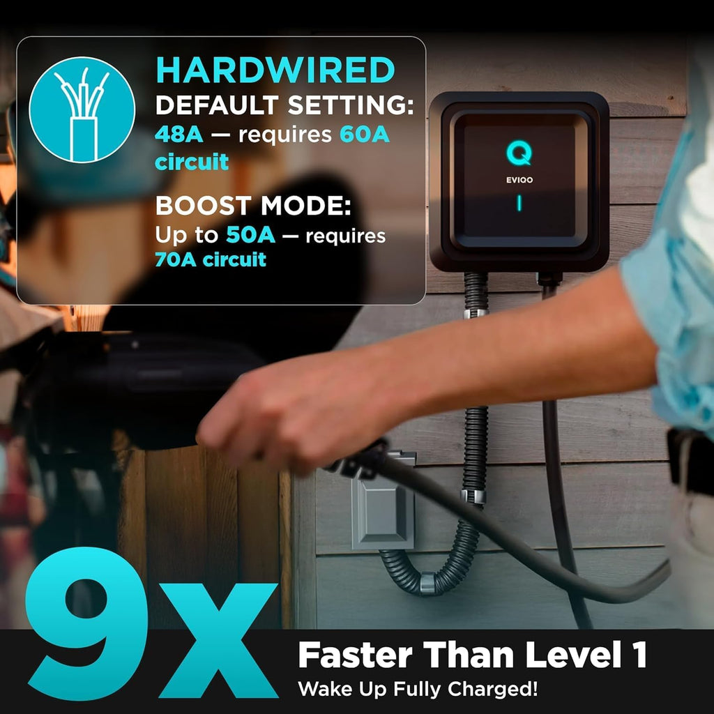 EVIQO NACS Charger for Tesla 48 Amp 240V Hardwired Level 2 EV Charger - Wall EV Charger Level 2, 25ft Cable, WiFi (2.4 GHz) Smart App - Weatherproof, Outdoor (IP66,NEMA 4) UL, ETL Certified