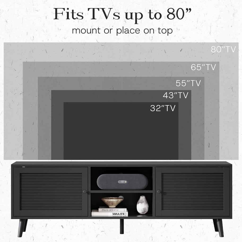 TV Stand for 70 inch TV, Black Fluted Entertainment Center for TV up to 80", TV Stand for Living Room with Large Open Storage