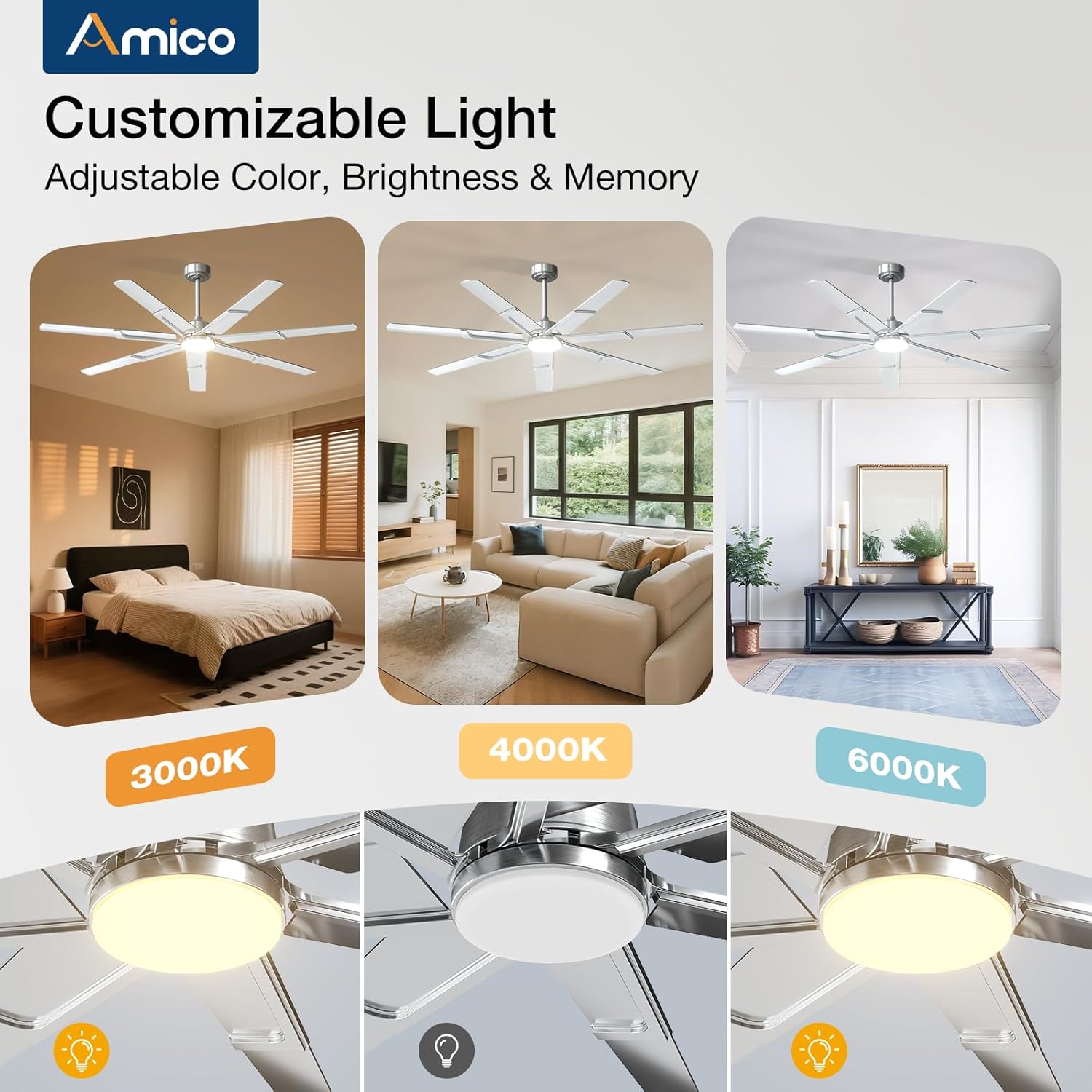 Amico Ceiling Fans with Lights,66 inch Nickel Ceiling fan with Light and Remote, 6 Speed Reversible DC Motor, 3CCT, Dimmable, Quiet, Timer, Outdoor Ceiling Fan with Light for Patios, Indoor/Outdoor