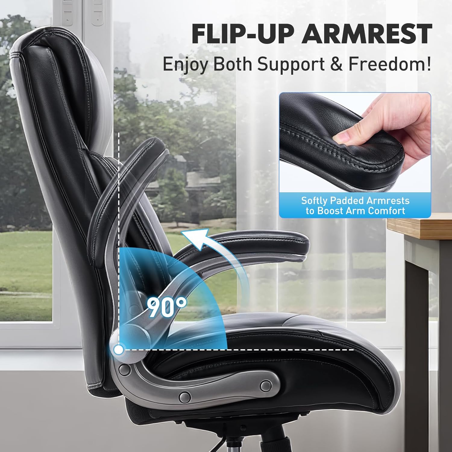 Ergonomic PU Leather Executive Office Chairs, High-Back Home Computer Chair with Lumbar Support, Flip-Up Arms, Black