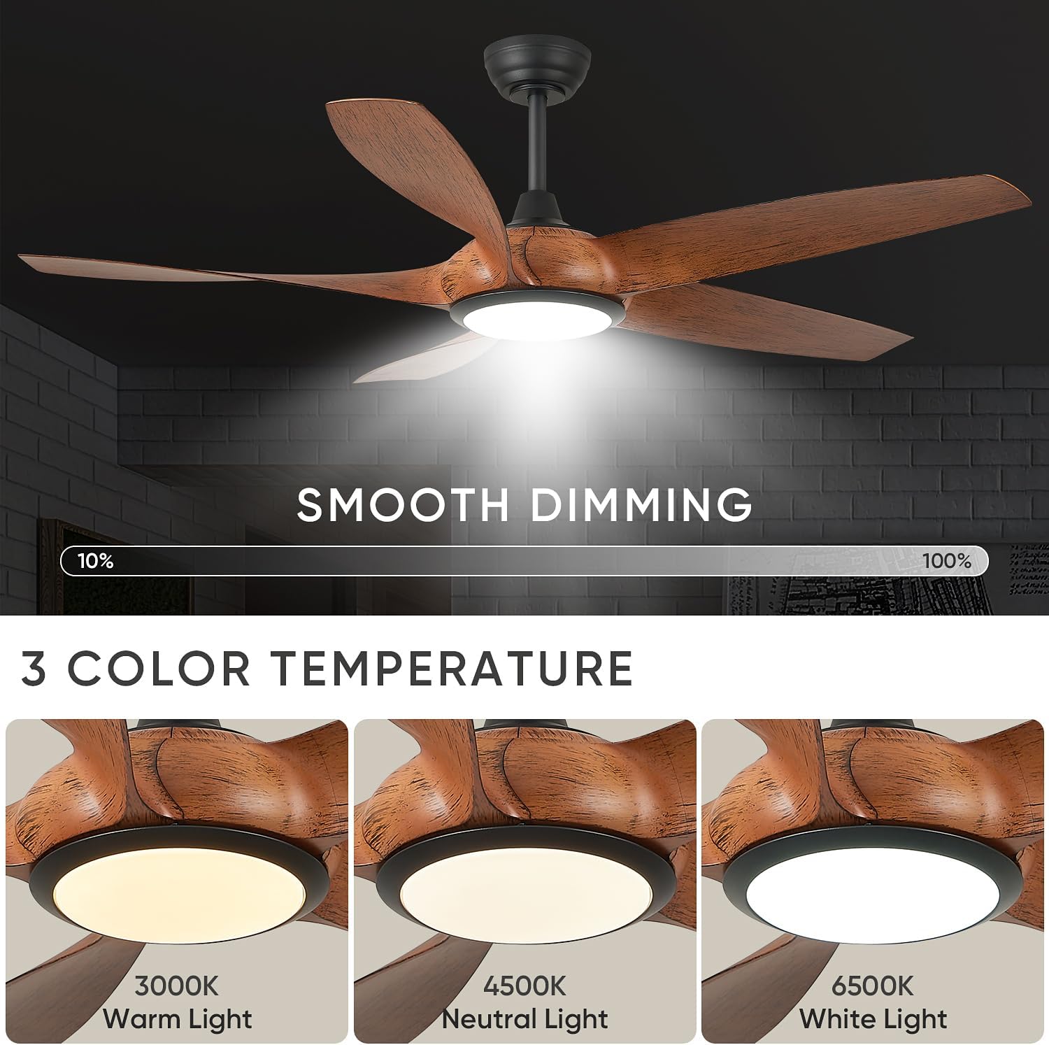 54'' Ceiling Fans with Lights, Modern Ceiling Fan with Remote Control, Outdoor Ceiling Fan for Living Room, Bedroom, 5 ABS Blades, 6 Wind Speeds, LED Dimmable (Brown & Black)
