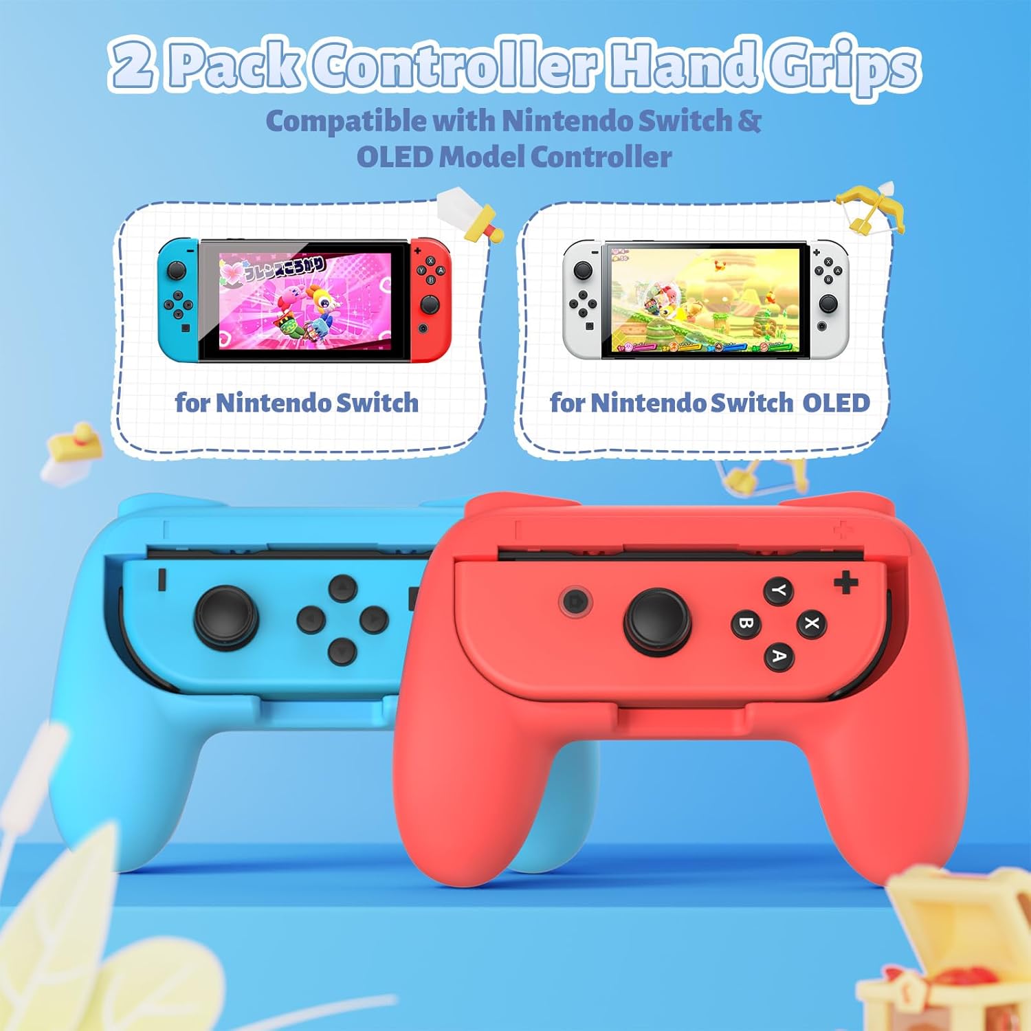 FASTSNAIL Grips Compatible with Nintendo Switch for Joy Con & OLED Model for Joycon, Wear-Resistant Handle Kit and Non-Slip Thumb Grips for Switch Joycon 1 for 3DS & 2DS Accessory Kits (Blue and Red)