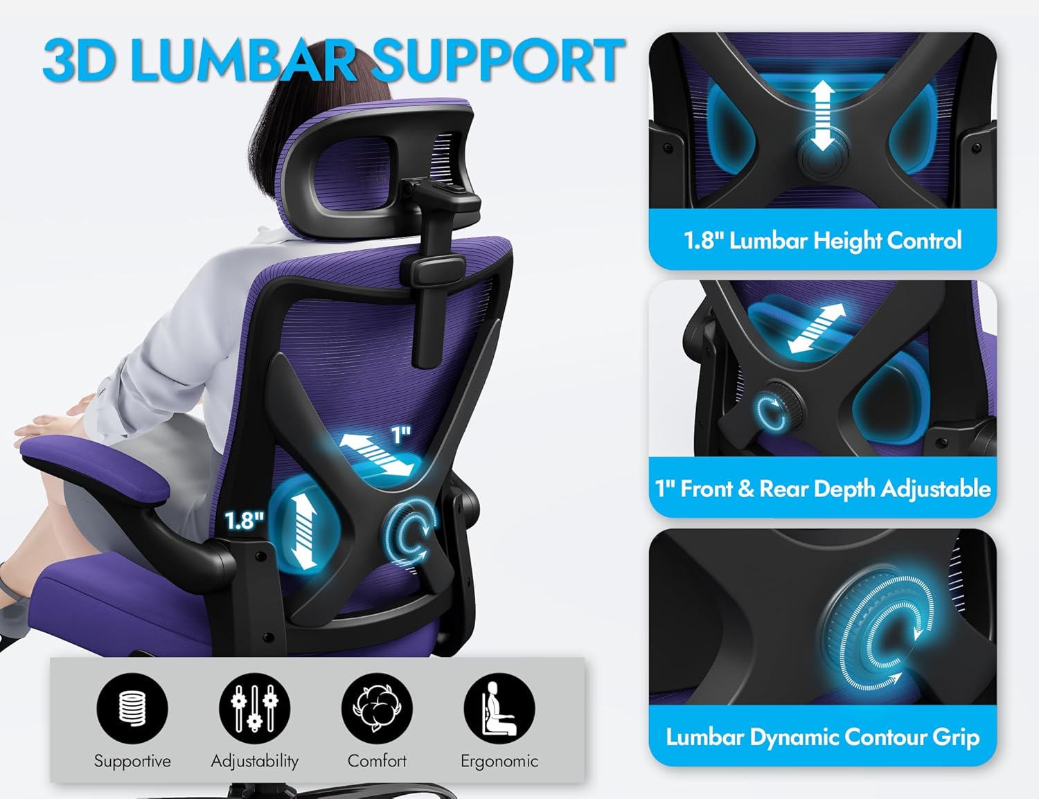 Office Chair - Ergonomic Office Chair with Back Support, Ergonomic Computer Chair - Home Office Desk Chairs, 330lbs Wide Seat Big and Tall Office Chairs with Headrest, Comfy Desk Chairs (Purple)