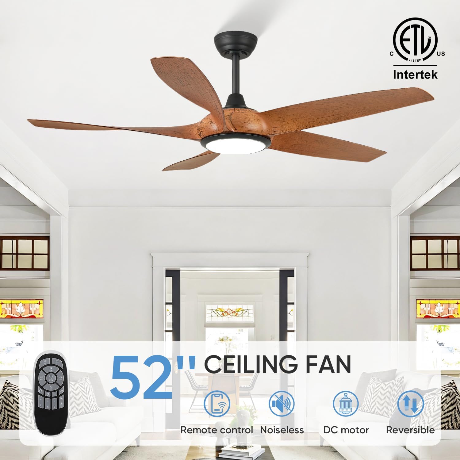 54'' Ceiling Fans with Lights, Modern Ceiling Fan with Remote Control, Outdoor Ceiling Fan for Living Room, Bedroom, 5 ABS Blades, 6 Wind Speeds, LED Dimmable (Brown & Black)