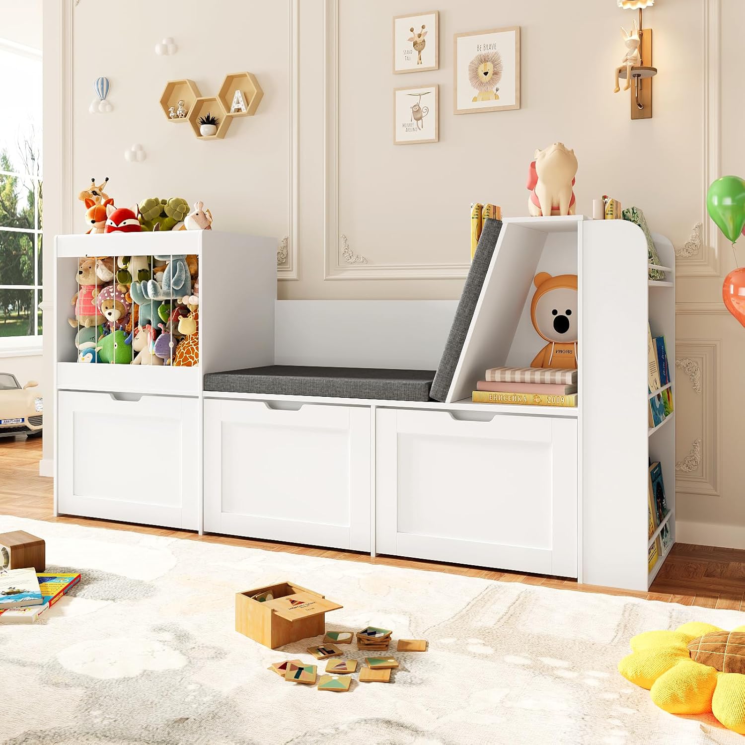 66.9" Kids Reading Nook, Toy Storage Organizer with Stuffed Animal Storage, Bench and Removable Cushions, Wooden Toddler Bookshelf with 3 Movable Drawers for Nursery, Playroom (White)