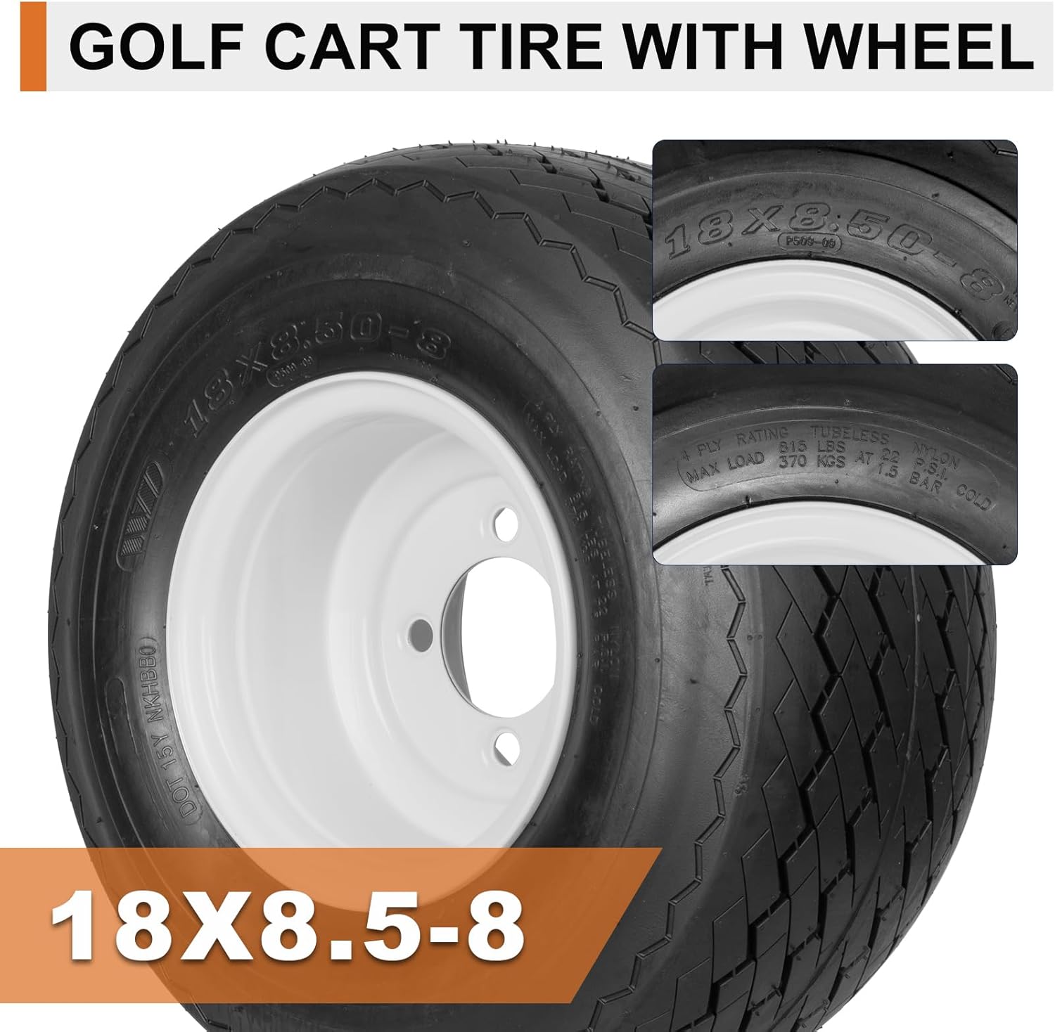 4 Pack 18x8.50-8 Golf Cart Tires with Wheel Assembly, 4-Lug 4" Center Hub, Compatible with Club Car, Cushman, E-Z-GO Golf Carts