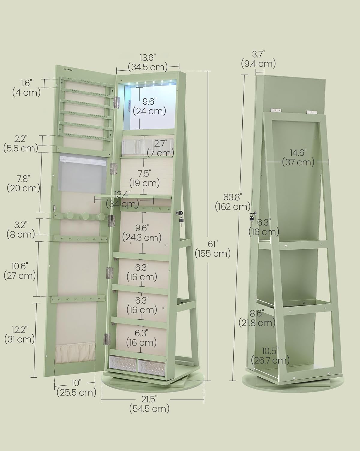 SONGMICS 6 LEDs Lockable Mirror Jewelry Cabinet, 360° Swivel Jewelry Organizer Armoire Standing, Full-Length Mirror with Storage, Mothers Day gifts for Mom, Laurel Green, Cream White Lining UJJC007C01