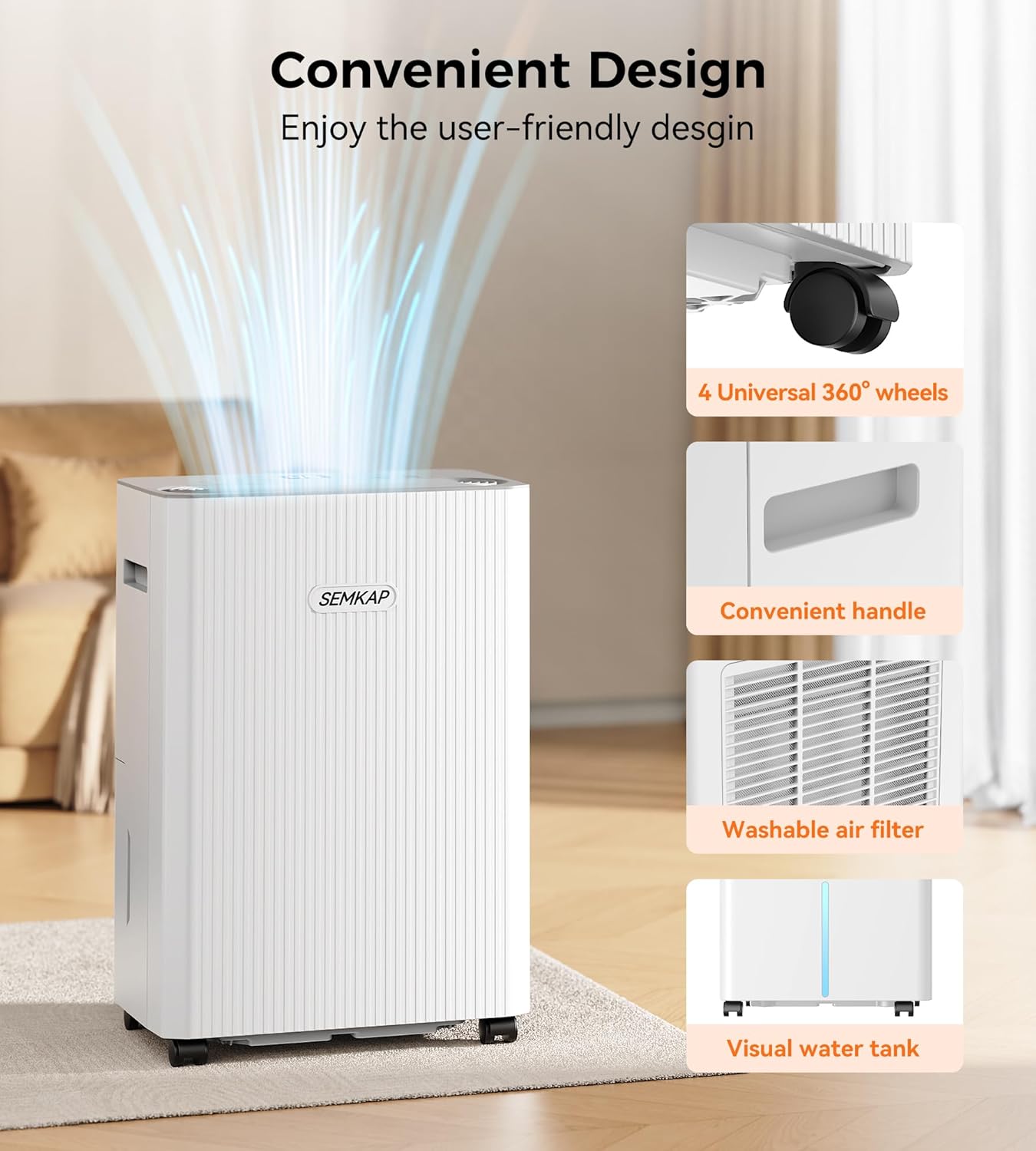 2500 Sq.Ft Dehumidifier for Basement with Drain Hose, SEMKAP 32 Pints Dehumidifiers for Home, Large Room, Bathroom, Bedroom, Low Noise With Smart Compressor, Intelligent Humidity Control, 24HR Timer