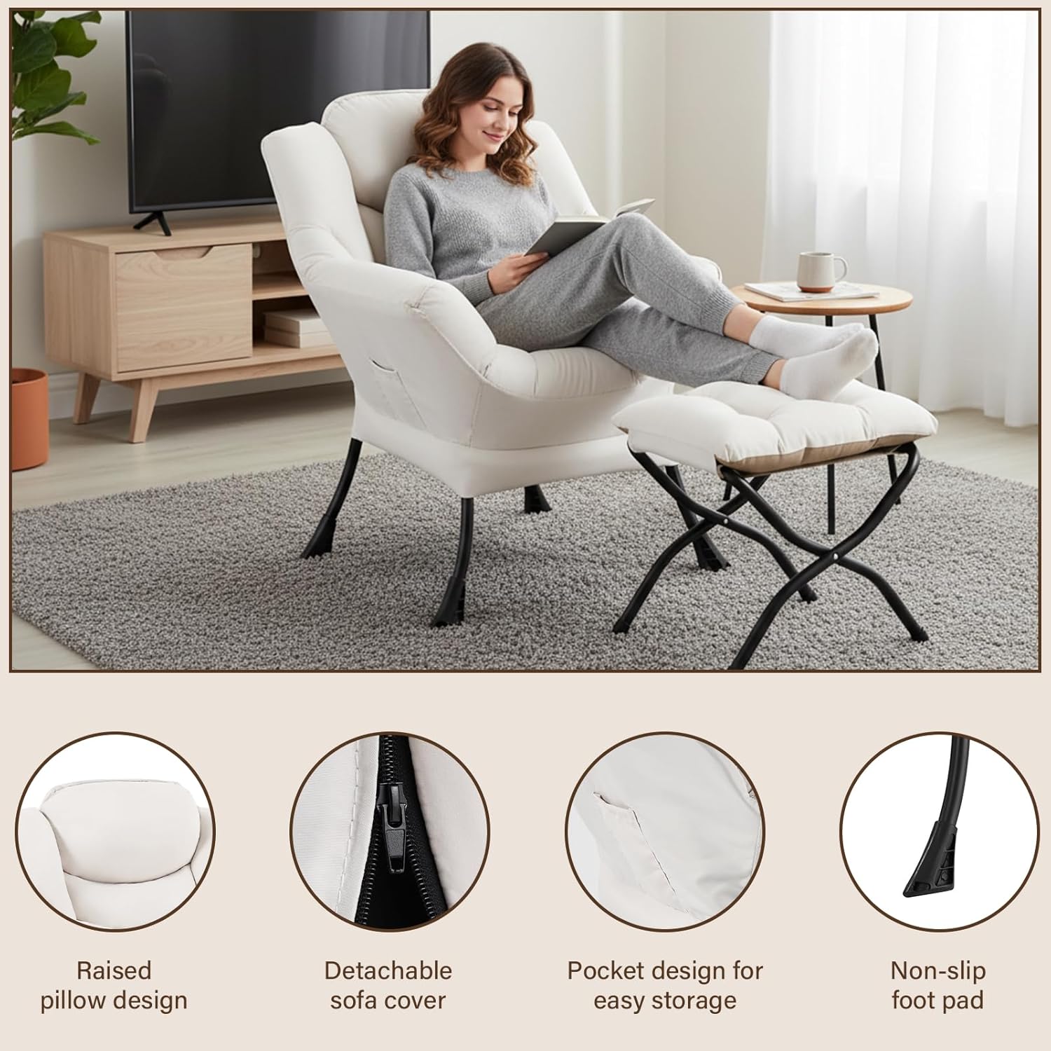 Welnow Lazy Chair with Ottoman, Modern Reading Accent Chair with Armrests and a Side Pocket, Leisure Upholstered Lazy Sofa Set with Footrest for Small Space, Beige